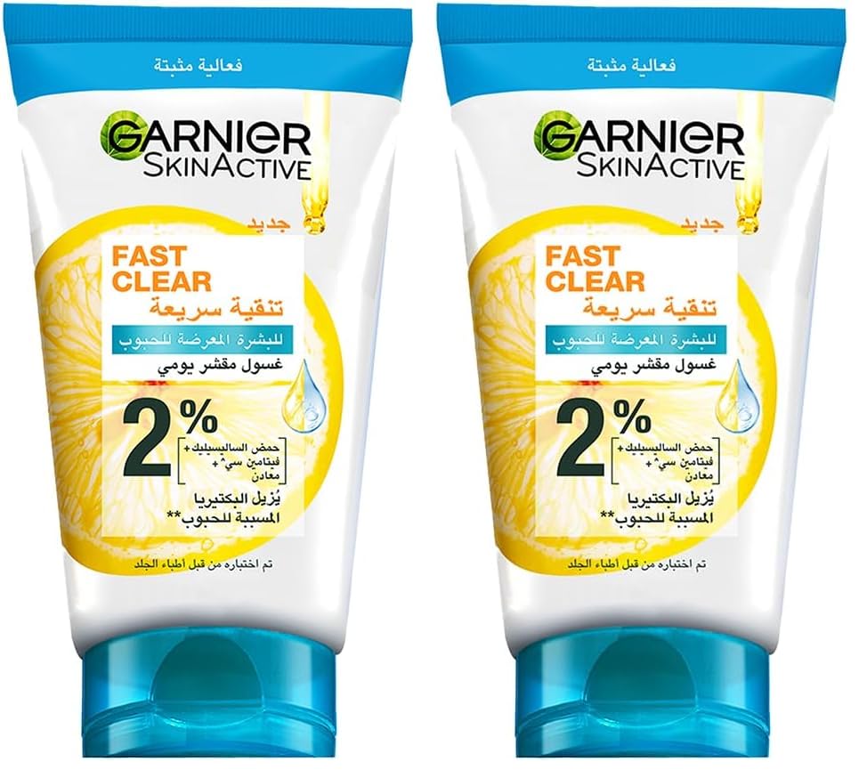 Garnier Skinactive Fast Clear 3-in-1 Face Wash, For Acne Prone Skin, with Salicylic Acid and Vitamin C, 50ml (Pack of 2)