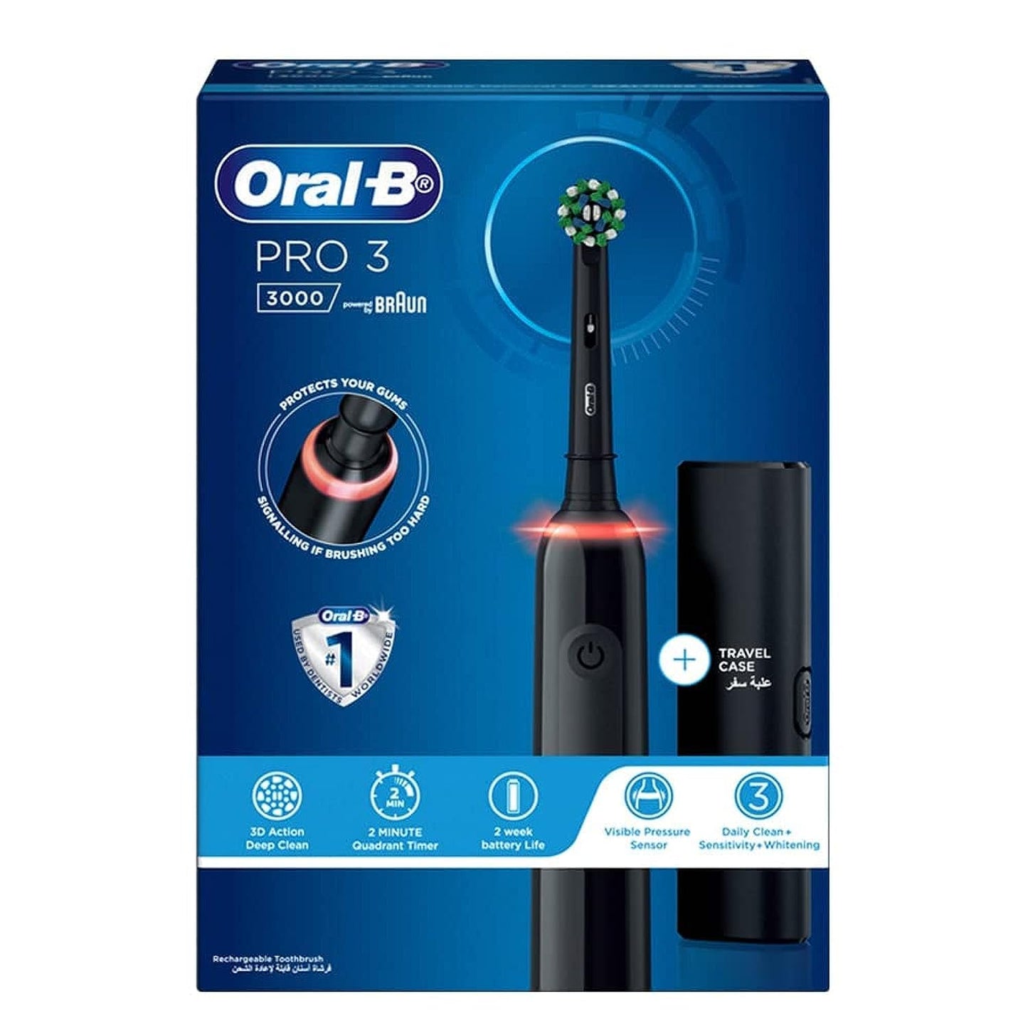 Oral-B Pro 3 3000 Cross Action Rechargeable Electric Toothbrush With Travel Case Powered by Braun, Black – D505