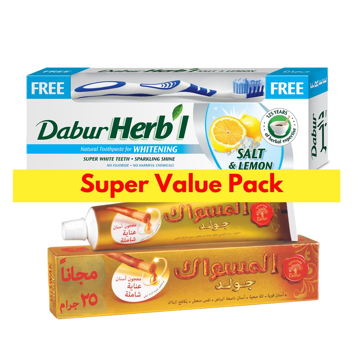 Dabur Herbal Salt & Lemon Toothpaste + Dabur Miswak Gold Toothpaste Value Pack | Al Arak Extracts | For Whitening & Sparkling Shine - 150gm + 75 gm