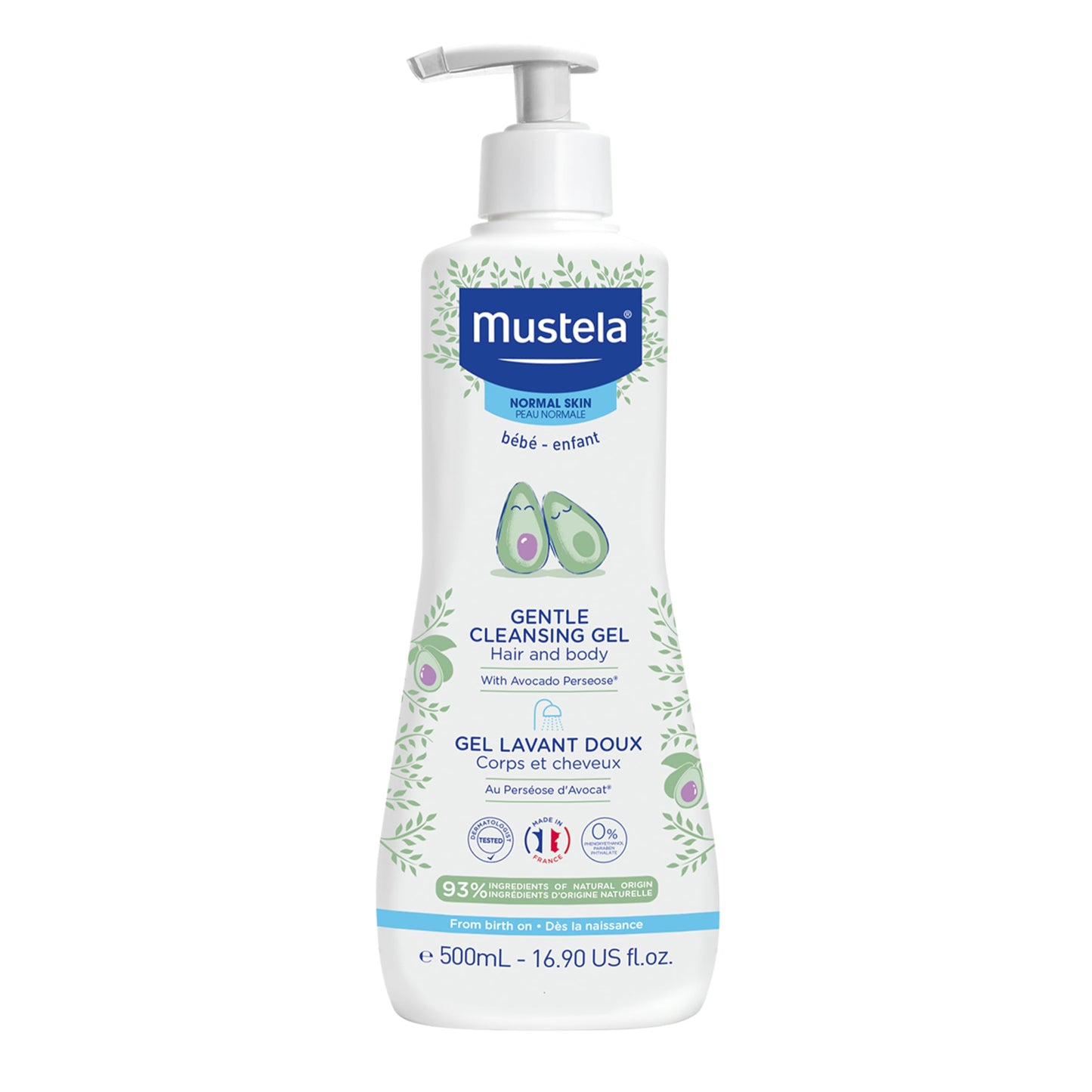 Mustela Baby Gentle Cleansing Gel - Baby Hair & Body Wash - with Natural Avocado fortified with Vitamin B5 - Biodegradable Formula & Tear-Free – 16.90 fl. oz. (Pack of 1)