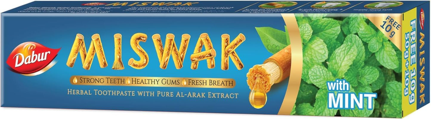 Dabur Miswak Mint Toothpaste 120g + 20g Free | Natural Teeth Cleaning with Antibacterial Properties | Freshens Breath | Improves Gum Health | Promotes Whiten Teeth