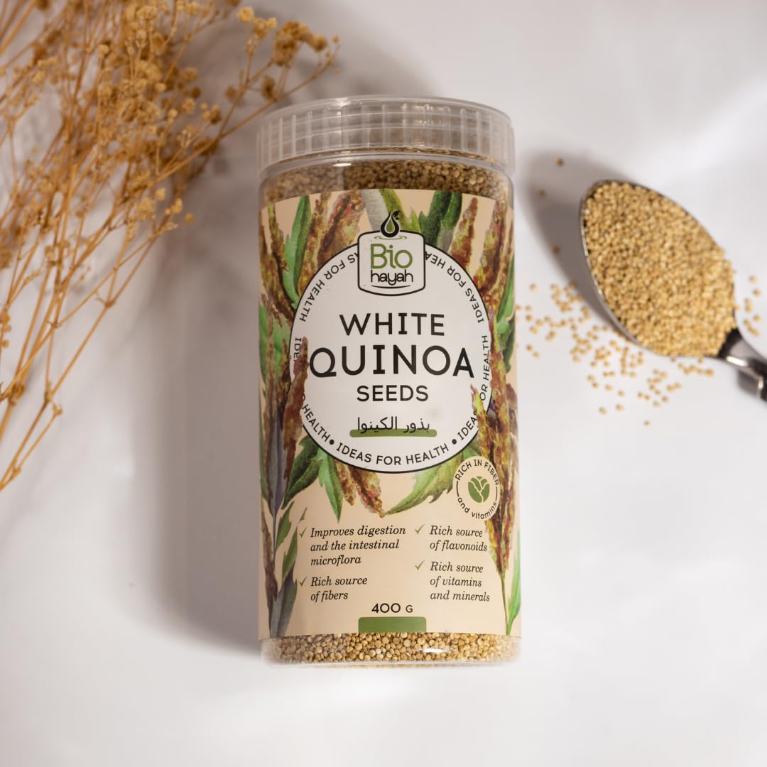 Biohayah White Quinoa Seeds – Raw Organic & Non-GMO – Gluten-Free, Vegan Superfood – Rich in Plant Protein & Fiber – Healthy Cooking & Daily Nutrition – 400g