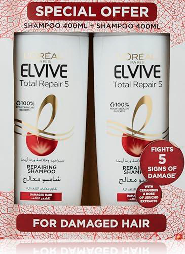 L’Oréal Paris Elvive Total Repair 5 Shampoo For Damaged Hair, 400 ml Dual Pack