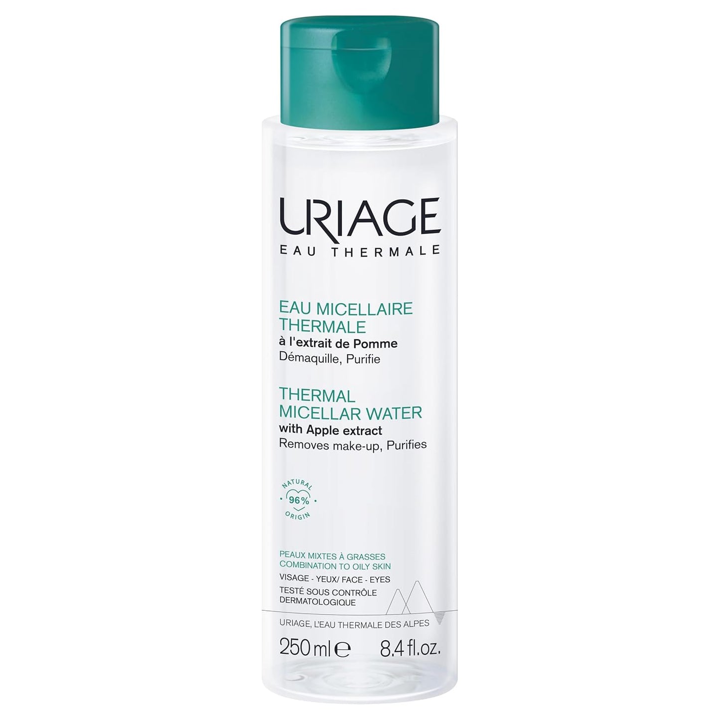 Uriage Thermal Micellar Water for Normal to Dry Skin - Face & Eyes - 3-in-1: Cleanses, Removes Makeup & Purifies - No rinse - Fruity & Floral Scent - 96% Ingredients of Natural Origin - 250ml