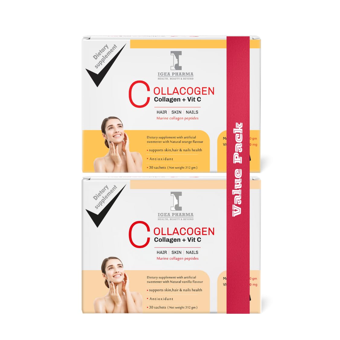 Igea Collacogen & Vit C - With Natural Vanilla - Facial Fine Lines and Wrinkles - Skin and Nails With Shine Hair-Antioxidant (pack of 2, Vanilla + orange)