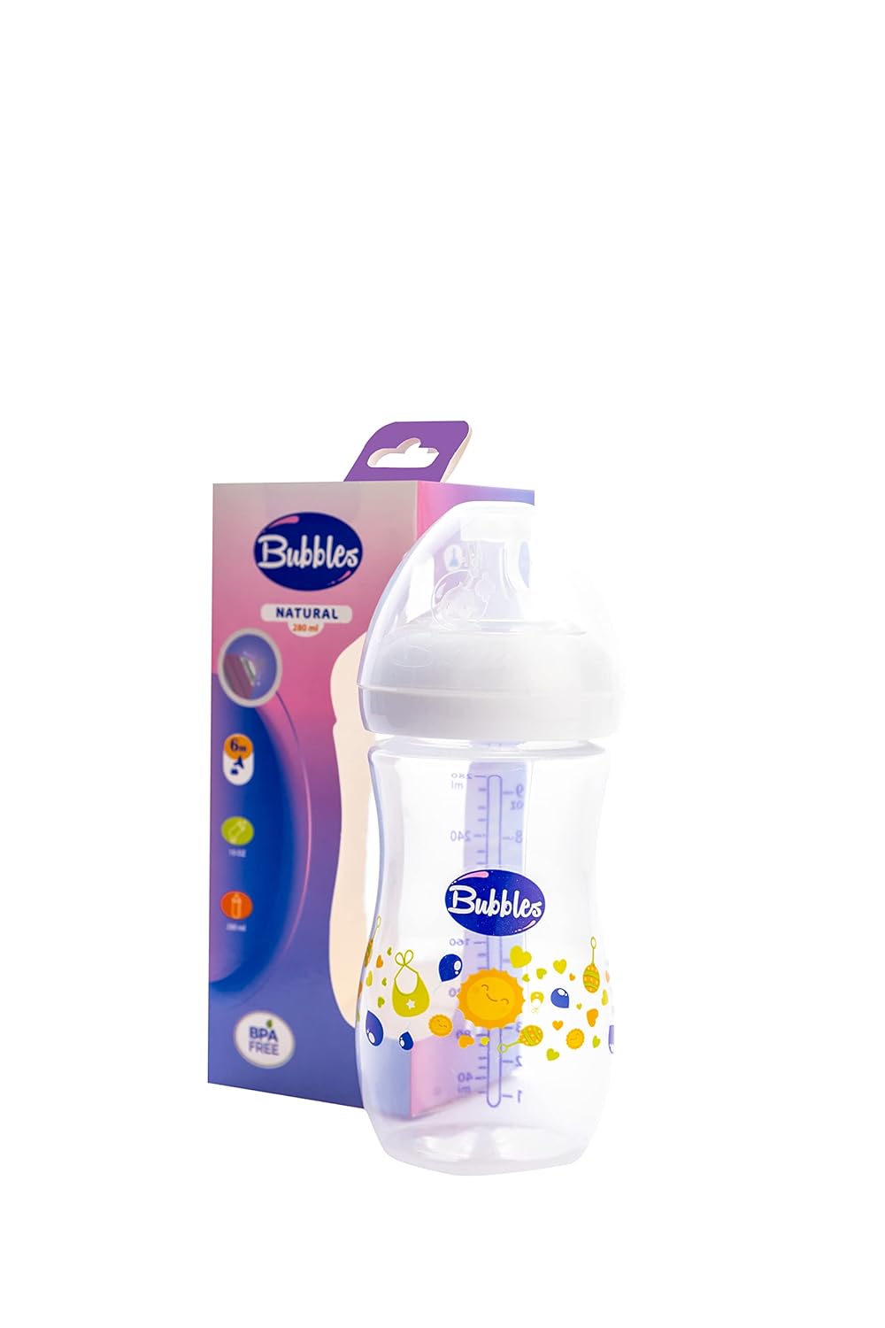 Bubbles natural feeding bottle without hand 280 ml - white