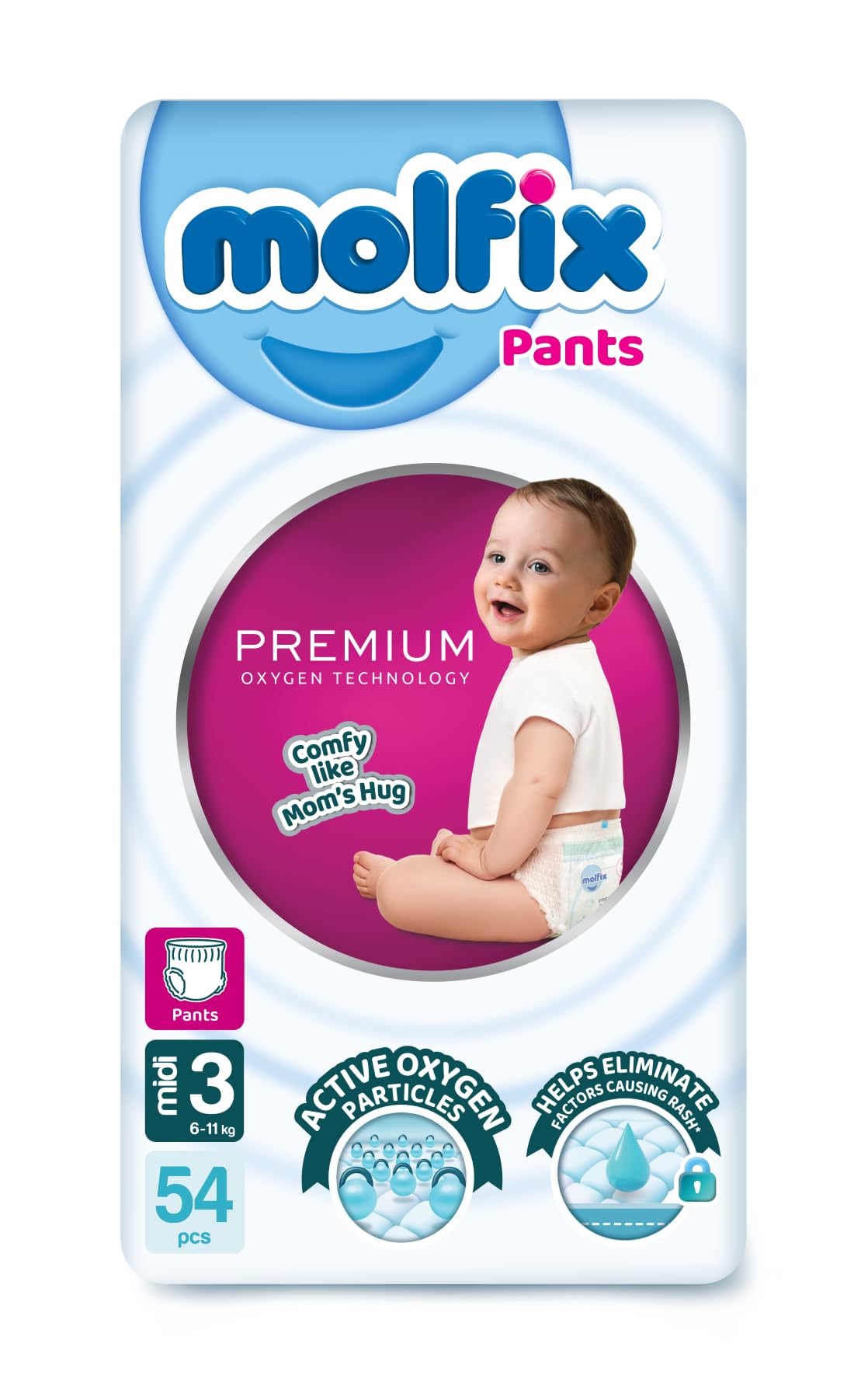 Molfix Baby Diapers Pants Size 3, Jumbo Pack, 6-11 KG, 54 Units, Molfix Premium Oxygen Pants Diapers, Size 3, 6-11 KG, Jumbo 54 count, Cotton Material