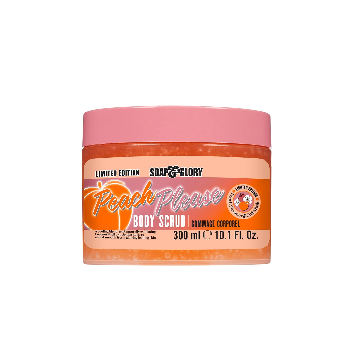 Soap & Glory Peach Please Exfoliating Body Scrub - Vitamin E Body Scrub - Coconut Shell & Jojoba Balls Body Exfoliant - Sugar Body Scrub, Scented with Japanese Sweet Pea and Peach Blossom (300ml)
