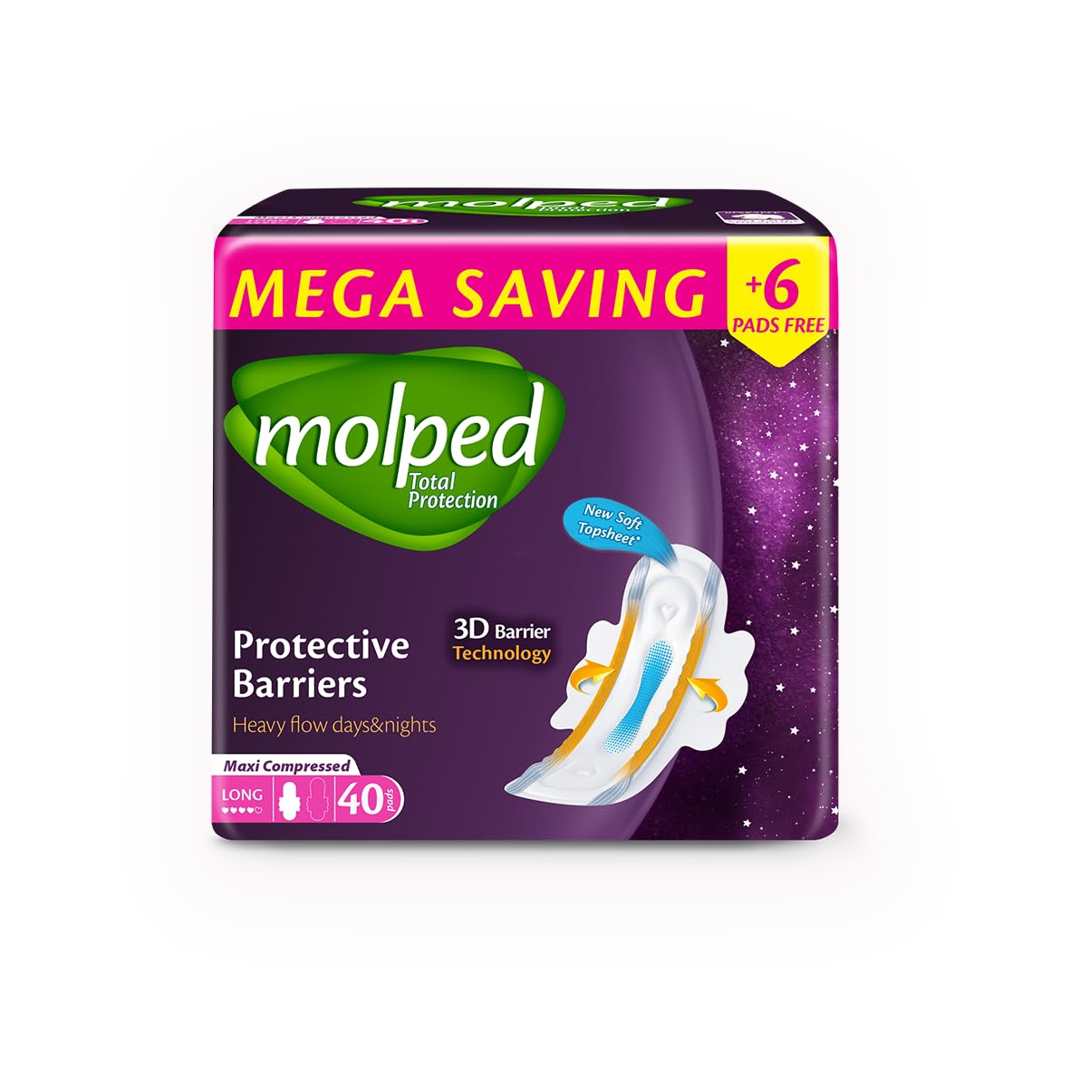 Molped Total Protection Sanitary Pad, Long, Family Pack 40 Units, Cotton Material, Maxi Compressed, Unscented for Extra Heavy Flow