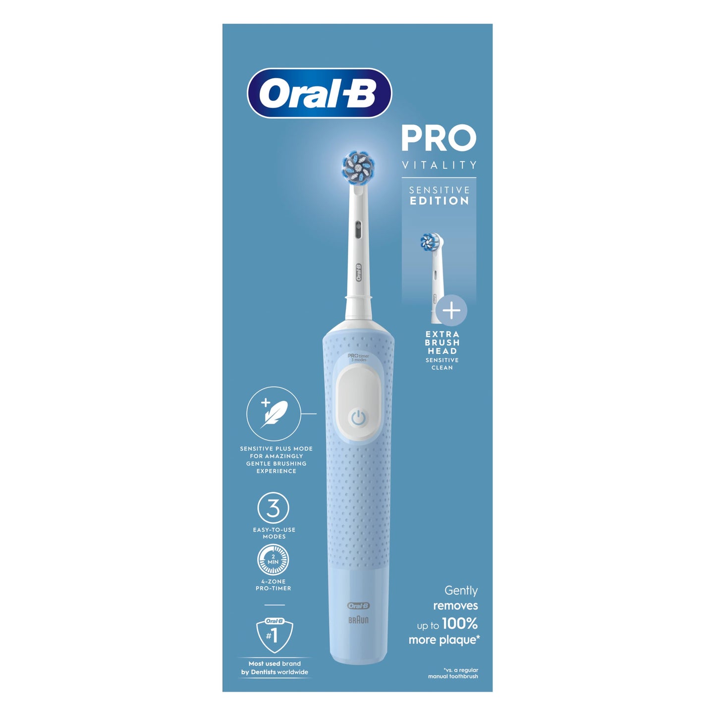 Oral-B Vitality Pro Electric Toothbrushes Adults, Mothers Day Gifts For Her/Him, 1 Handle, 2 Toothbrush Heads, 3 Brushing Modes Including Sensitive Plus, 2 Pin UK Plug, Blue