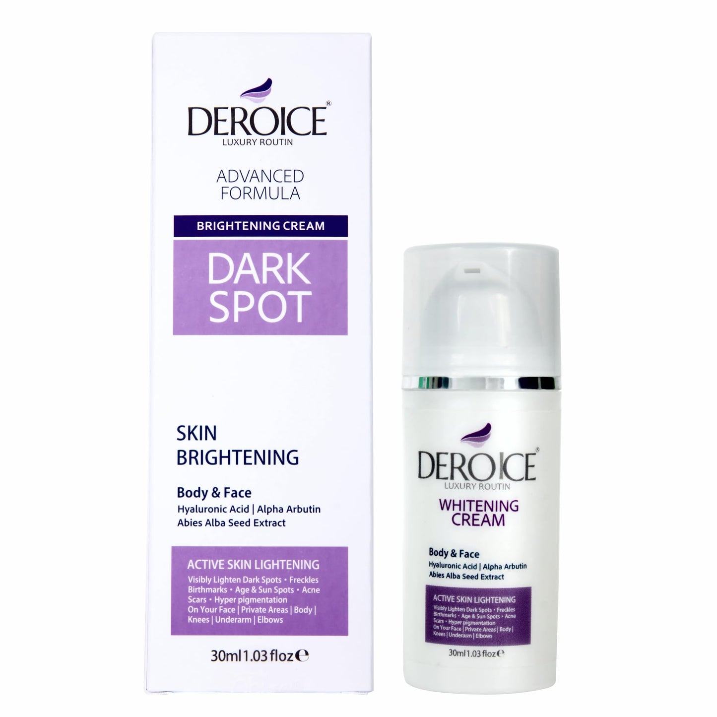 Deroice Brightening Cream for Face & Body | With ALPHA ARBUTIN | HYALURONIC ACID | ABIES ALBA | 30ml