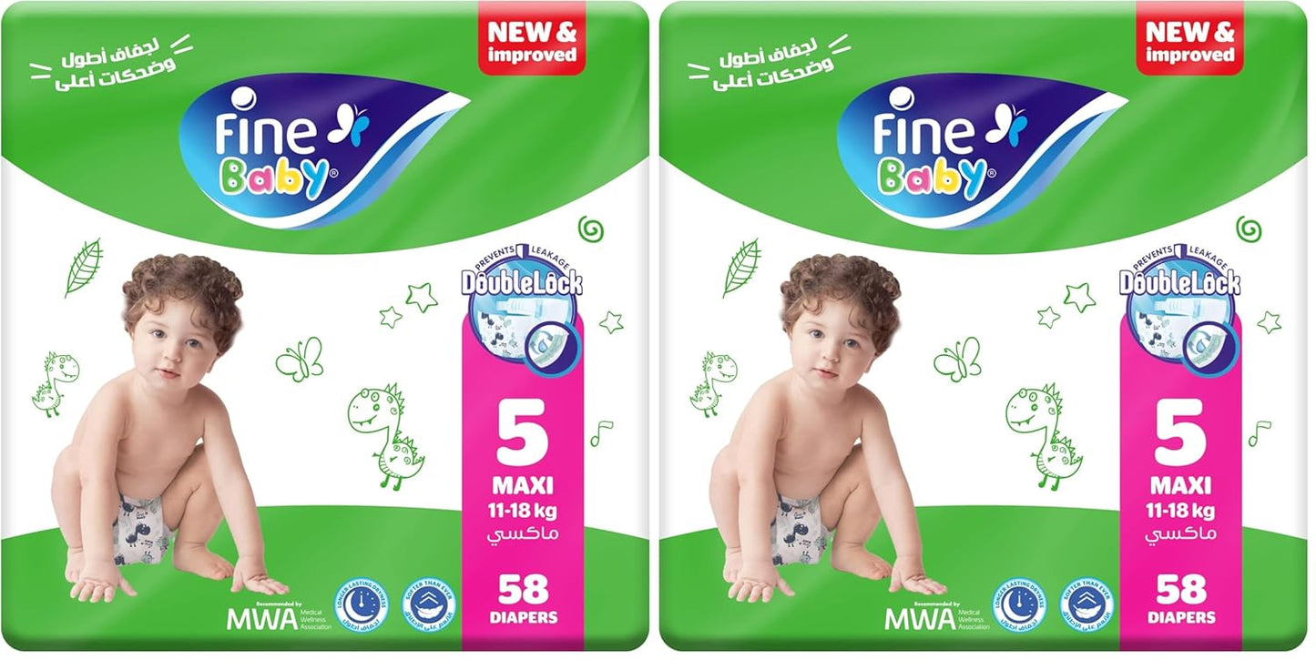Fine Diapers, Size 5, Maxi, 11-18 kg, 58 Diapers (Pack of 2)