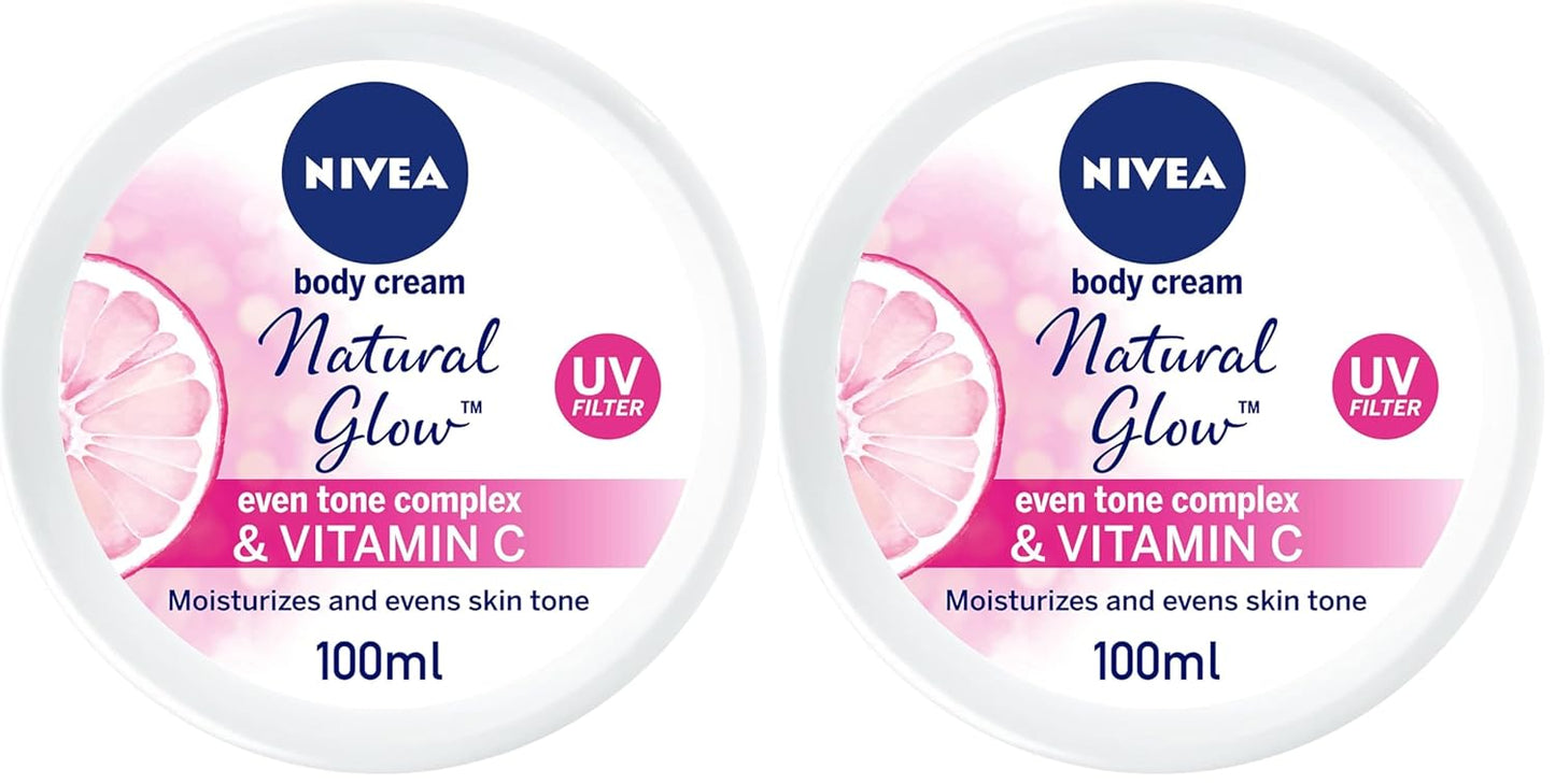 NIVEA Natural Glow Body Cream, Even Tone Complex & Vitamin C, All Skin Types, Jar 100ml (Pack of 2)
