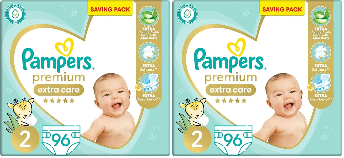 Pampers Premium EXTRA CARE Taped Diapers, Size 2, 3-8 kg, with Lotion with Aloe Vera, Saving Pack, 96 Baby Diapers (Pack of 2)