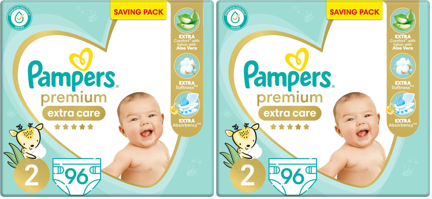 Pampers Premium EXTRA CARE Taped Diapers, Size 2, 3-8 kg, with Lotion with Aloe Vera, Saving Pack, 96 Baby Diapers (Pack of 2)