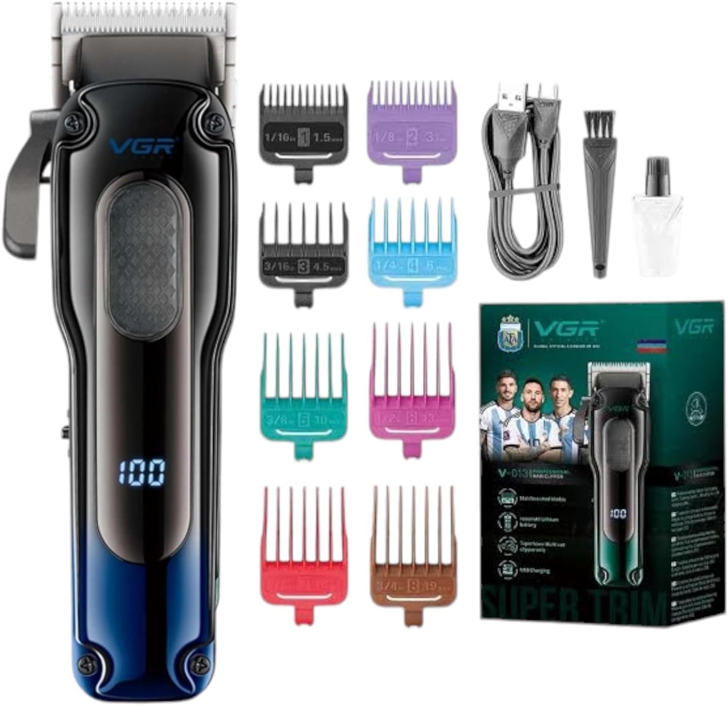 VGR V-013 Professional Salon Quality Hair Clipper – 200 Minutes Runtime, 2000mAh Lithium Battery, Adjustable Taper Lever, 8 Guide Combs, LED Display