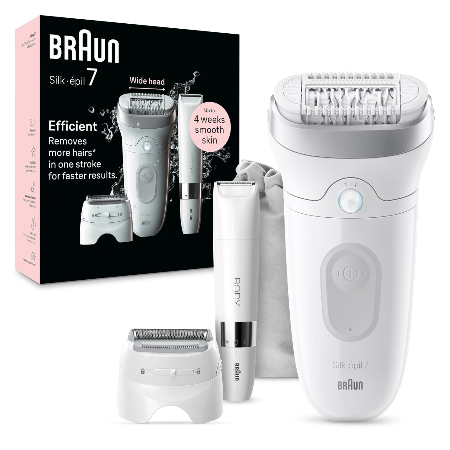 Braun Silk-épil 7, Epilator with Wide Head for Easy Hair Removal, Wet & Dry, Lasting Smooth Skin, with Lady Shaver Head & Trimmer Comb, Body Mini Shaver, 7-441, White/Silver