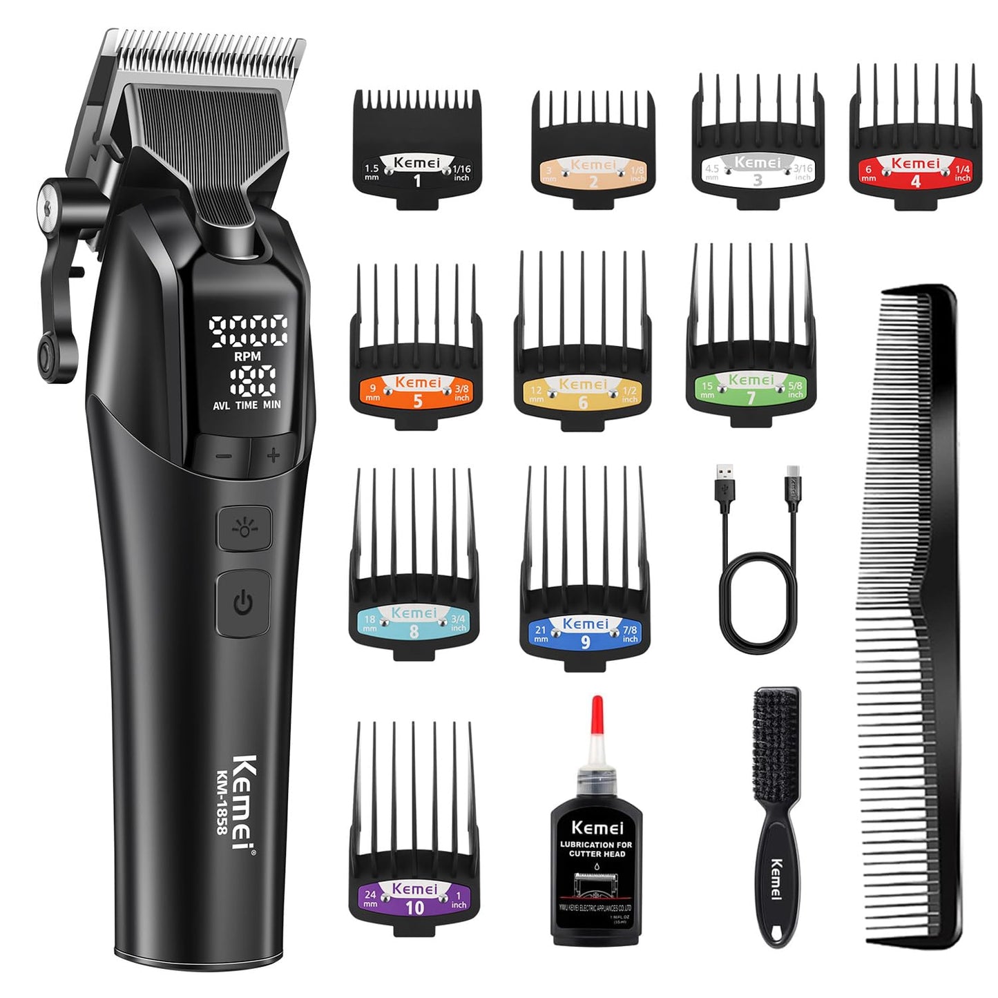 KEMEI 1858 Professional Hair Clippers for Men, Cordless Hair Clipper Set, Rechargeable Hair and Beard Trimmer, Speed 7000-9000 RPM Adjustable Motor, LED Indicator