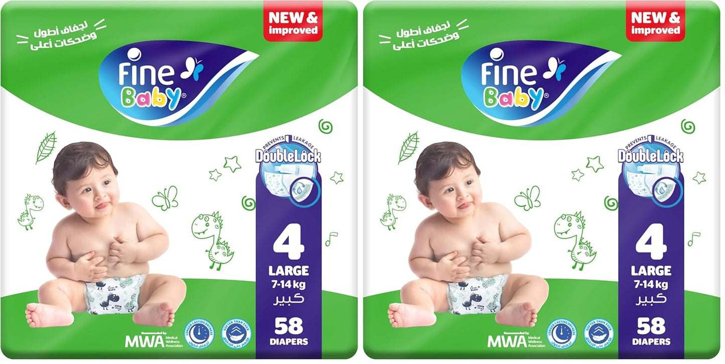 Fine Diapers Size 4, Large, 7-14 kg, 58 Diapers (Pack of 2)
