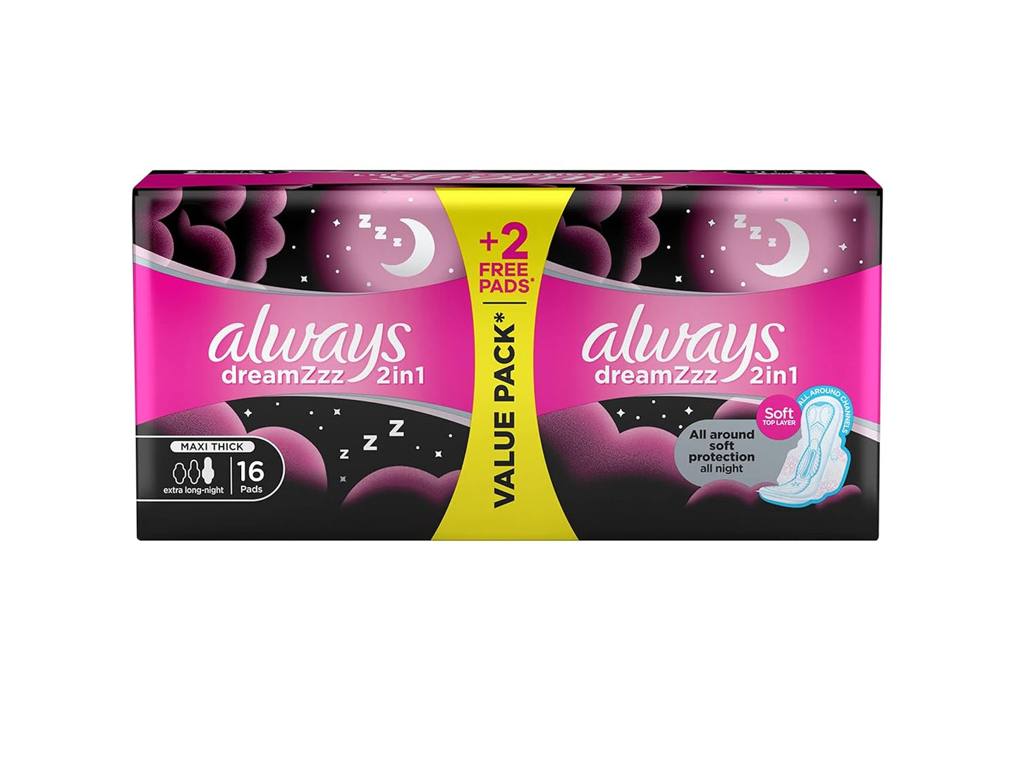 Always Dreamzzz 2in1, Feather Soft, Maxi Thick, Extra Long Sanitary Pads with Wings, 16 Pads