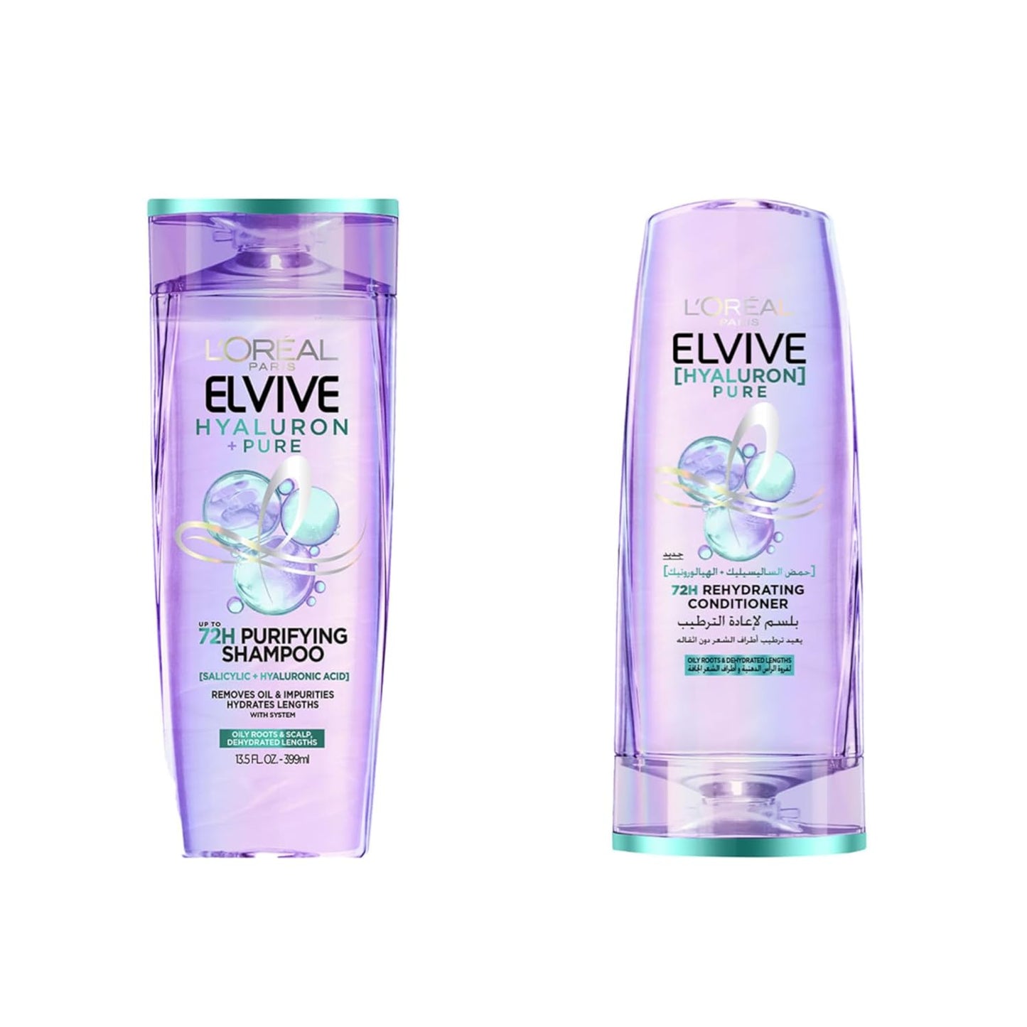 L’Oréal Paris Elvive Hyaluron Pure Purifying Bundle, Shampoo 400ML + Conditioner 360ML for Oily Hair.