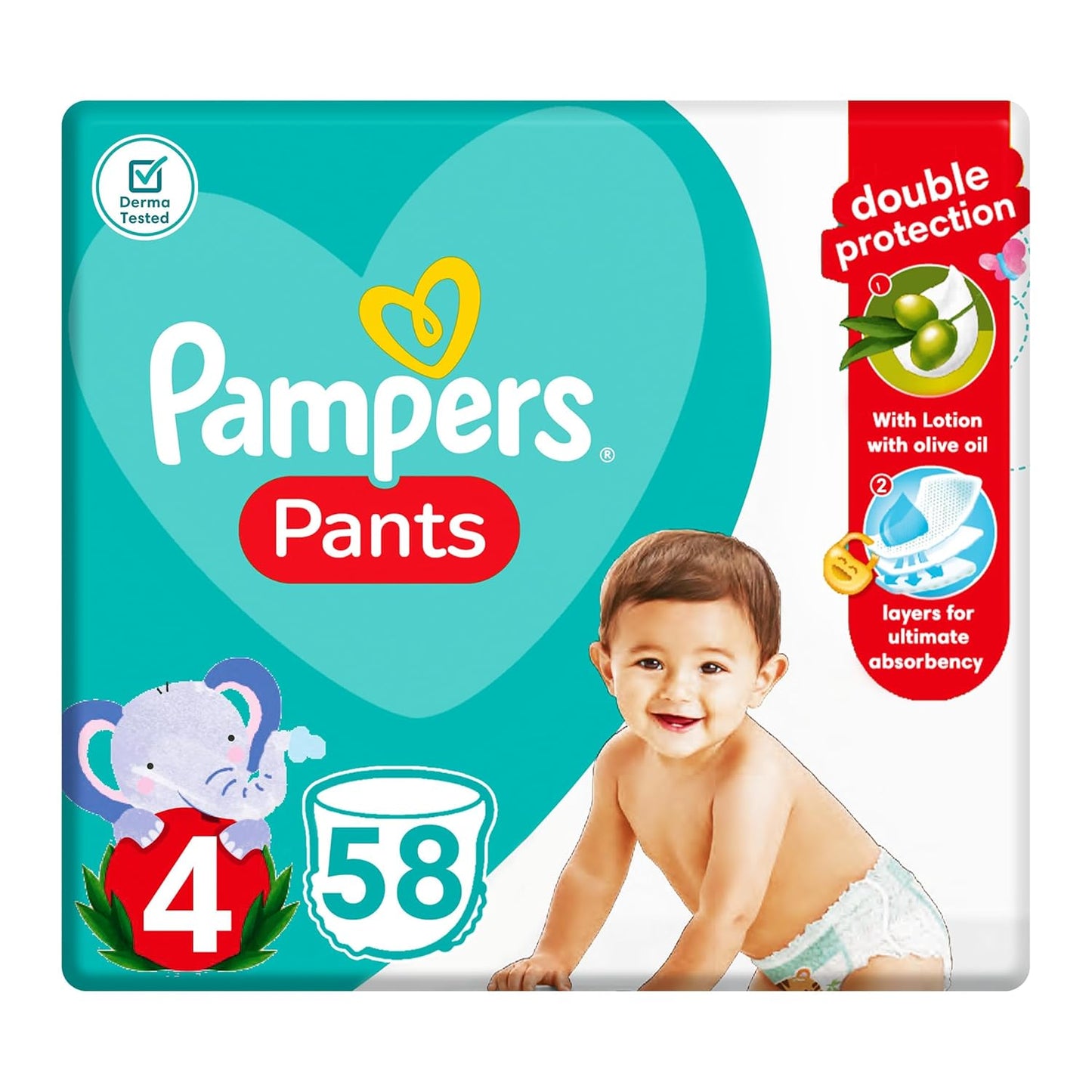 Pampers Pants Diapers, Size 4, 9-14 kg, with Lotion with Olive Oil, 58 Baby Diapers