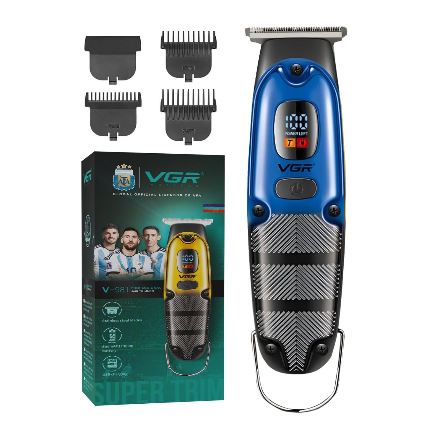 Vgr V-981 Professional Hair Trimmer For Men, Corded & Cordless With Led Display & Turbo Mode Function, 150 Min Runtime With 1 Year Warranty (Blue)