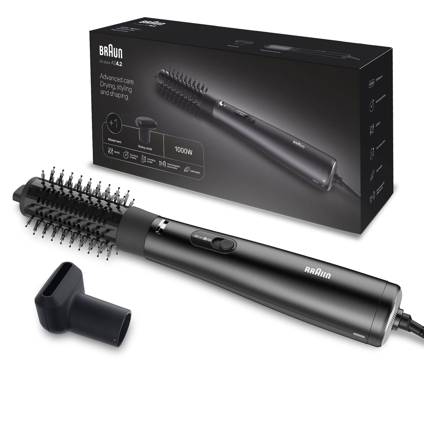 Braun Air Styler AS4.2, Advanced Care, Hair Drying, Modeling and Shaping, 1000 Watts with Drying Nozzle, BRAS420SDE Air Brush - Black Ionic