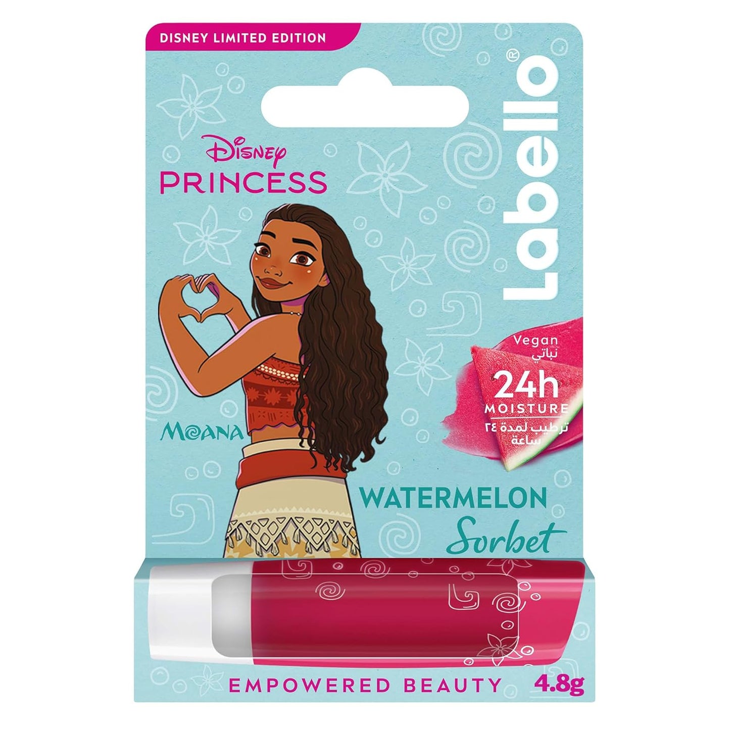 Labello Disney Princess Moana Lip Balm for Kids, Watermelon Sorbet Flavor, 24H Moisture, Caring, up to 100% Natural Origin Ingredients, for 3+ Year Kids, Vegan, 4.8g