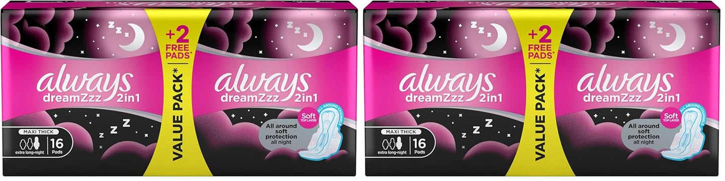 Always Dreamzzz 2in1, Feather Soft, Maxi Thick, Extra Long Sanitary Pads with Wings, 16 Pads (Pack of 2)