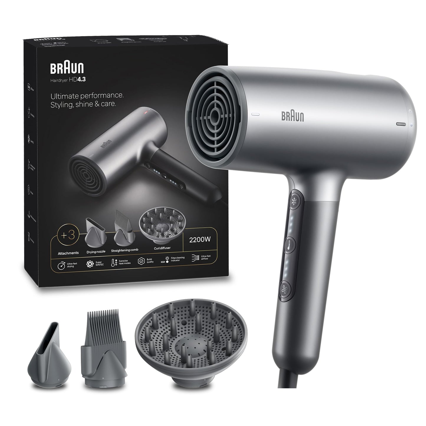 Braun HD 4.3 Super IonTec Hair Dryer BRHD435SDE – 2200 Watts Professional Hair Styling, Ionic Technology, Multiple Heat & Speed Settings, Cool Shot, Diffuser & Styling Nozzle Included – BRHD435E