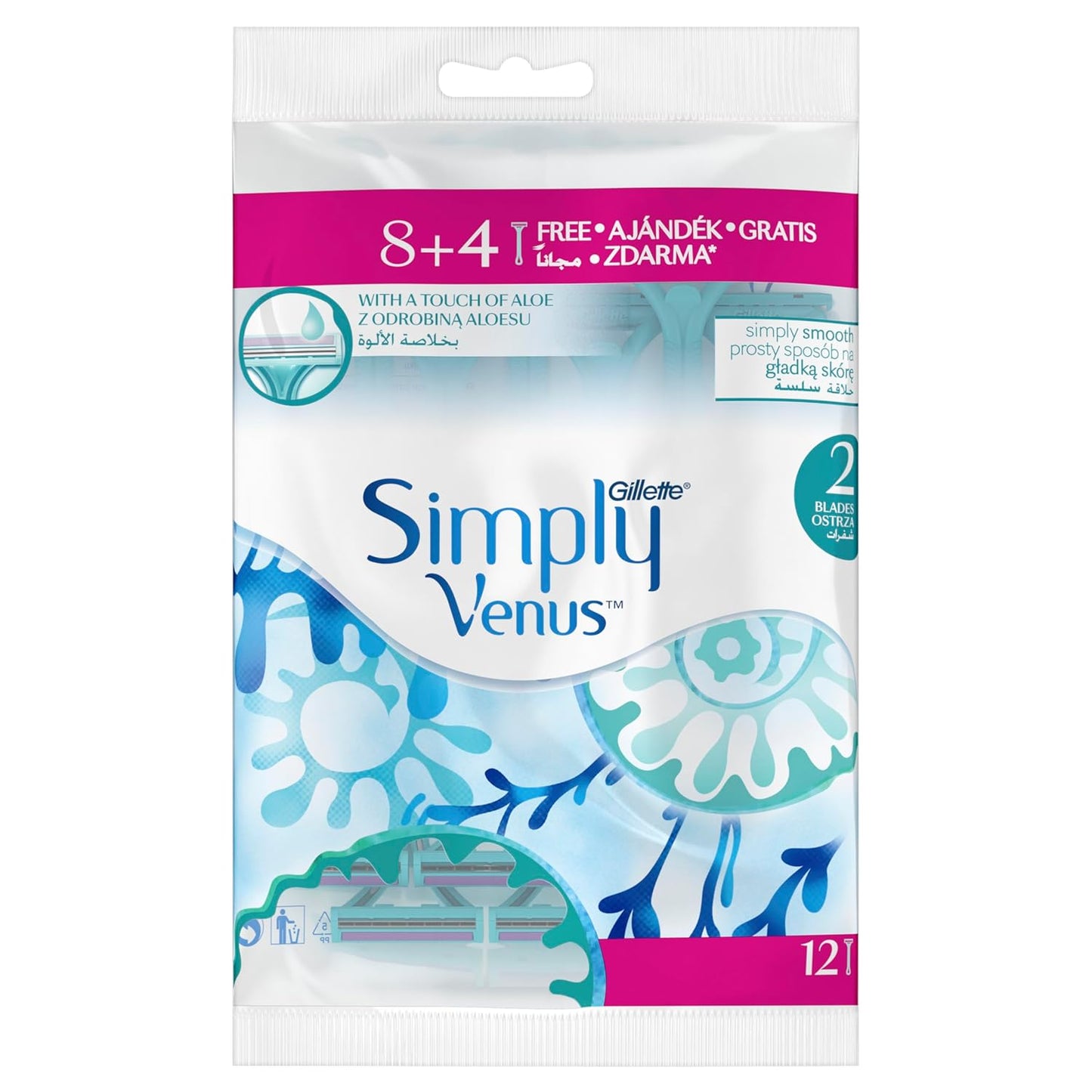 Gillette Simply Venus Disposable Razor for Women, 2 Blades - 12 Pieces