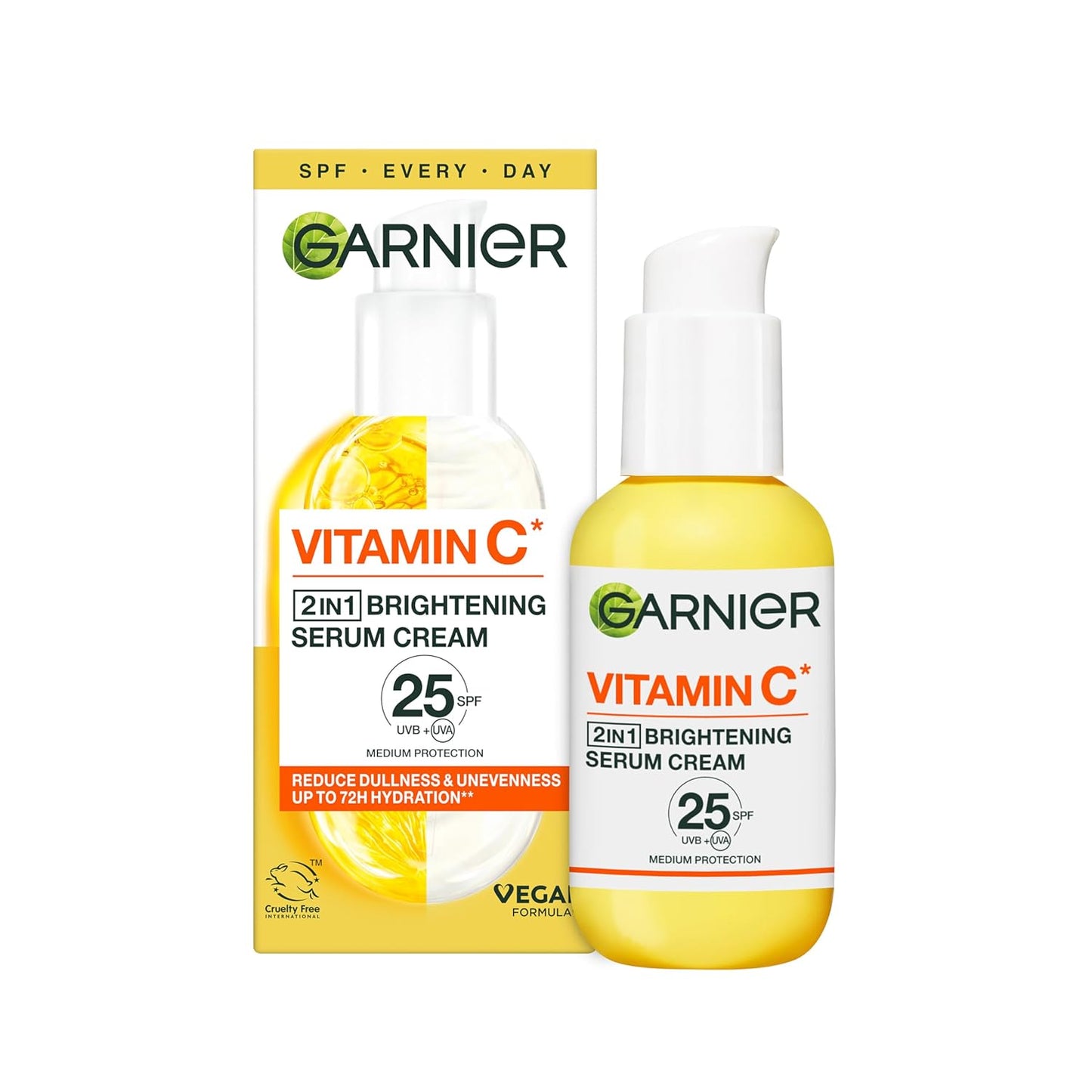 Garnier Vitamin C Serum Cream, 2in1 Formula With 20% Vitamin C serum & SPF 25 Moisturiser, Hydrate & Reveal Bright Glowing Skin, Organic & Vegan Formula, 50ml