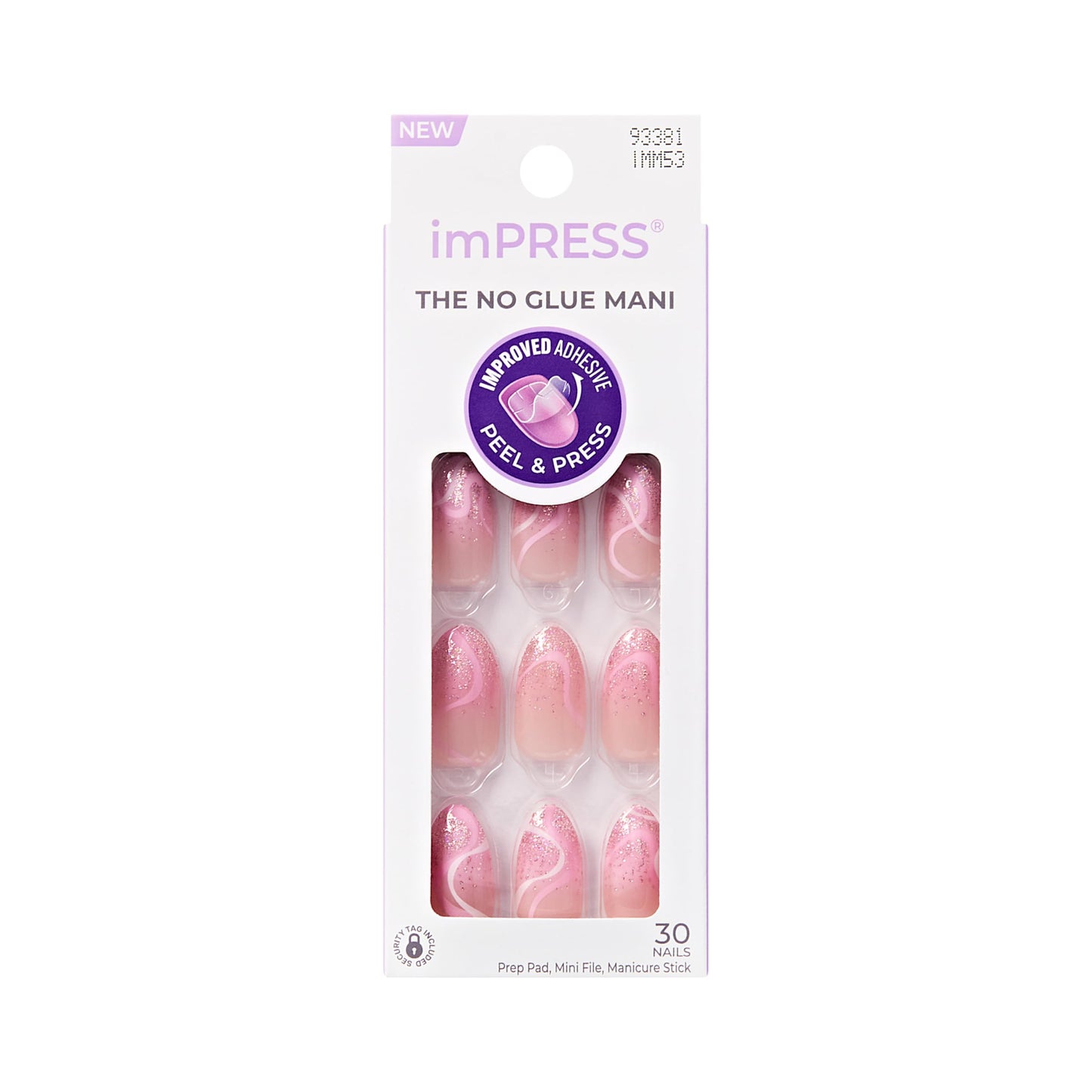 KISS imPRESS No Glue Mani Press On Nails, Design, 'Wild Venus', Pink, Medium, Almond Shape, 30 Nails, Prep Pad, Instructions Sheet, Includes 1 Manicure Stick, 1 Mini File