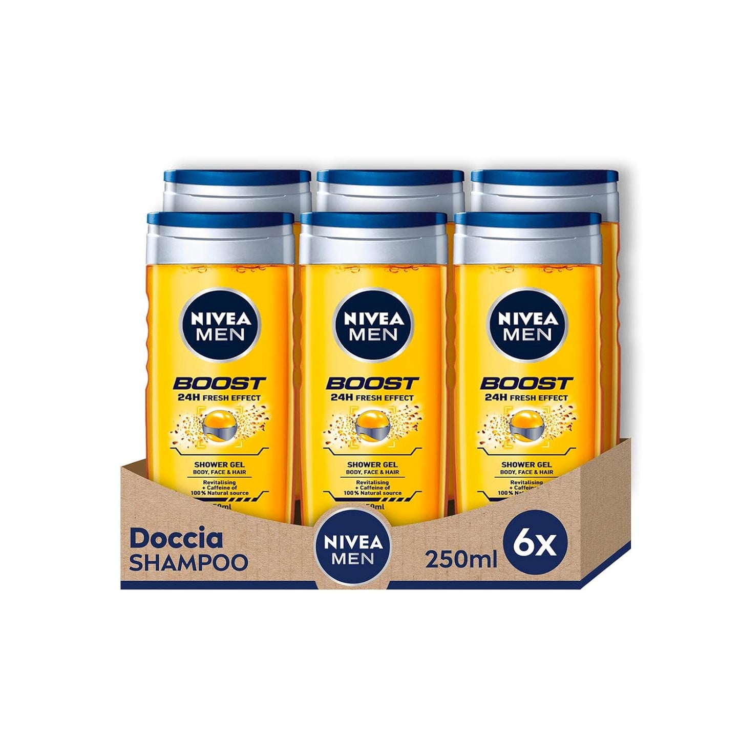 NIVEA MEN Shower Shampoo Boost 6 x 250 ml, Men's Shower Gel and Shampoo for Men, Refreshing for Body, Face and Hair, Energizing Men's Gel and Shampoo with Natural Caffeine