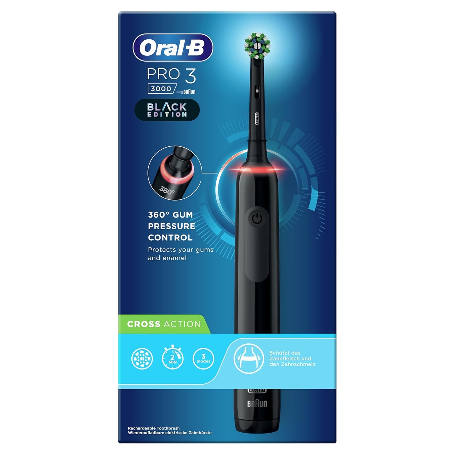 Oral-B Pro 3 3000 Cross Action Rechargeable Electric Toothbrush With Travel Case Powered by Braun, Black – D505.513.3X