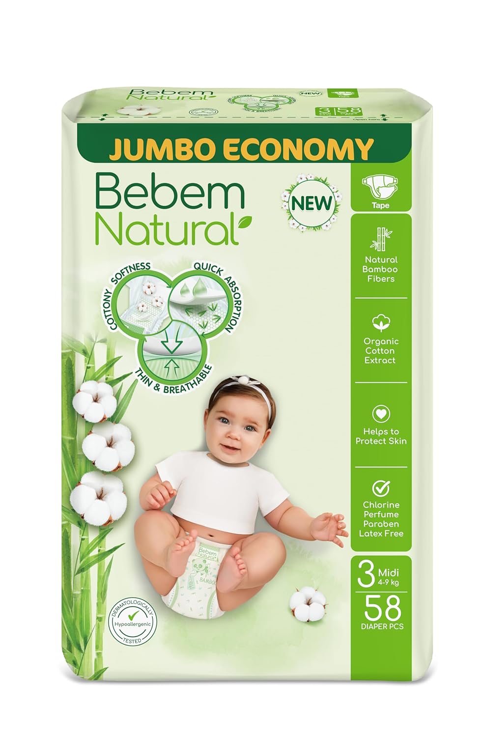 Bebem Natural - Baby Diapers - Jumbo Pack - Midi Size 3 - 58 Pieces