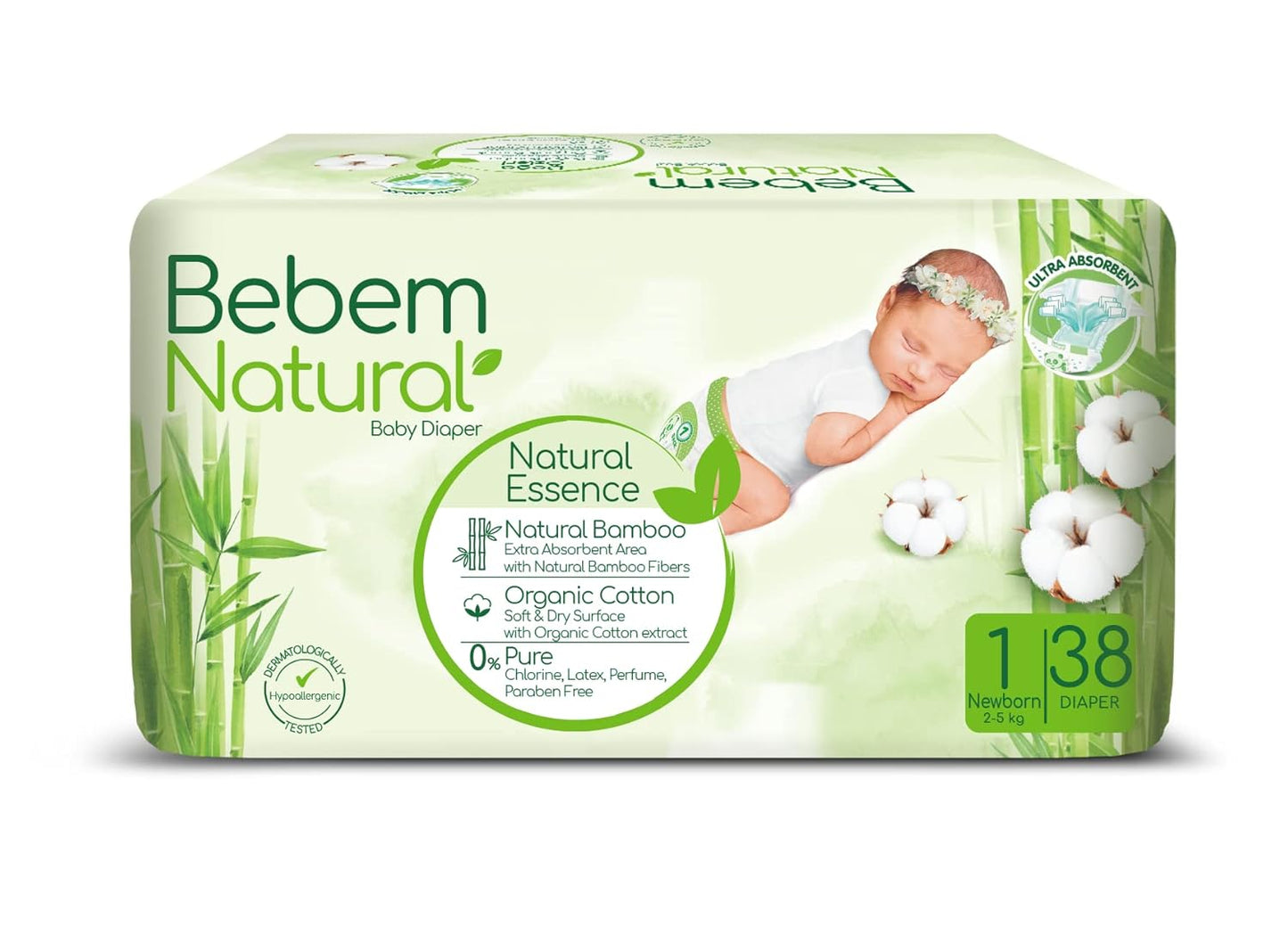 Bebem Natural - Baby Diapers - Twin Pack - New Born Size 1 - 38 Pieces