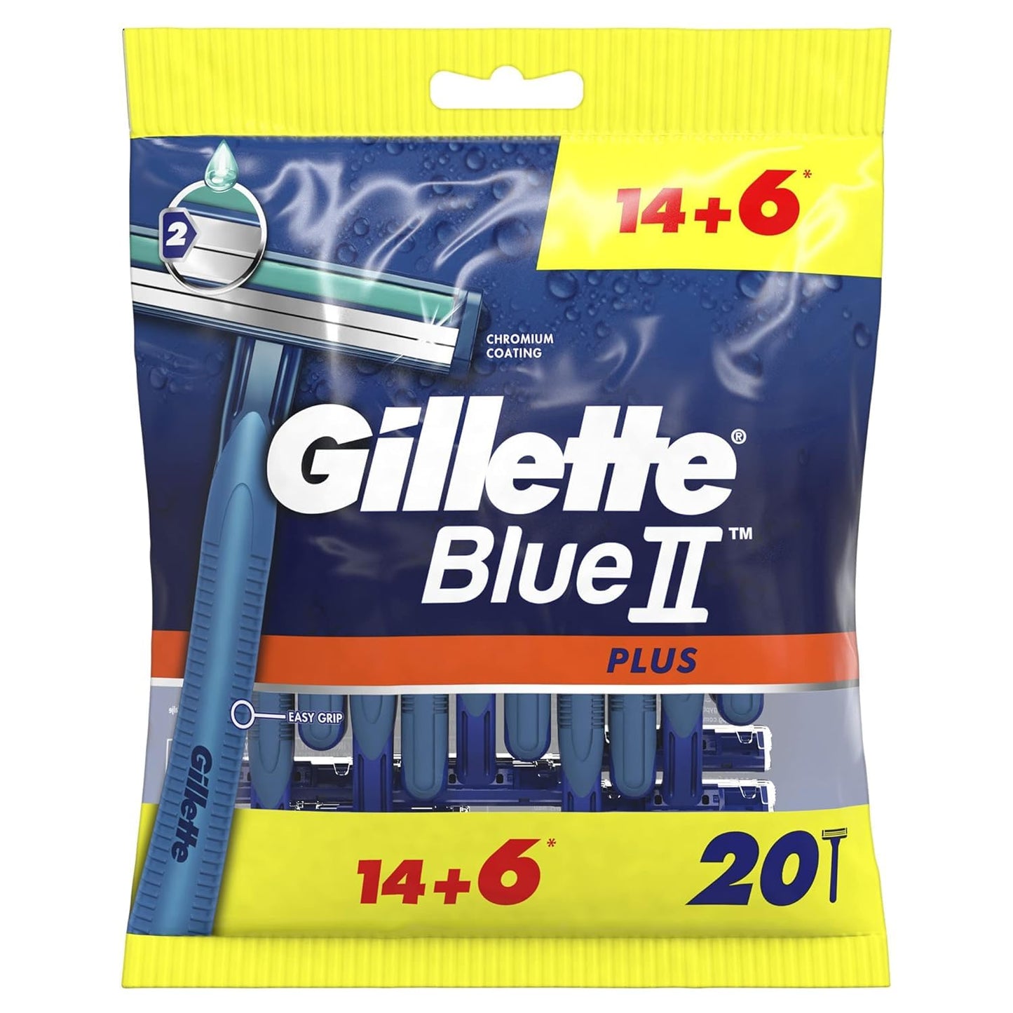 Gillette Blue II Plus Disposable Razor For Men Soft UltraGrip Handle - 20 Pieces
