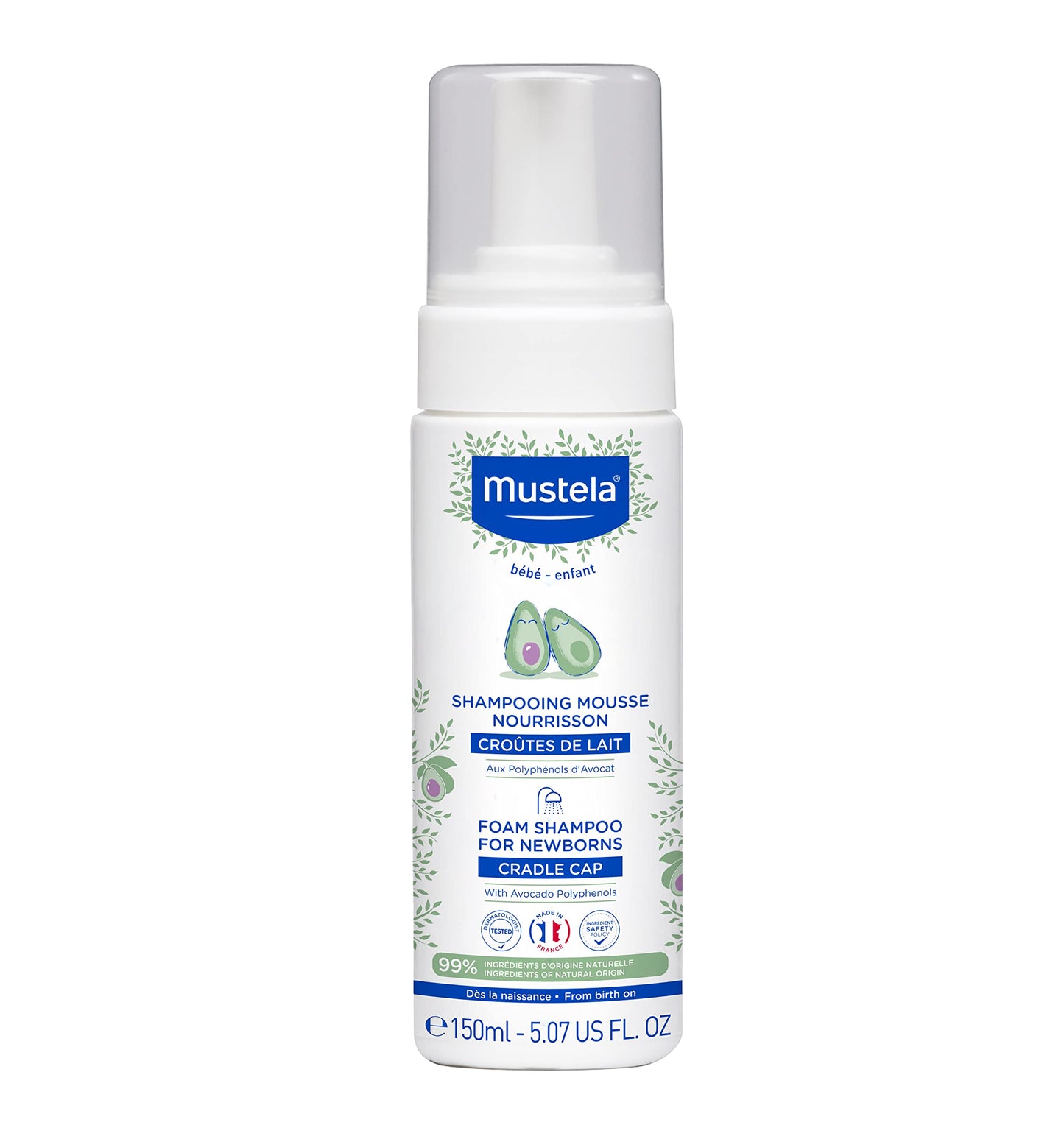 Mustela Cradle Cap Foam Shampoo for Newborn - Baby Shampoo with Natural Avocado - Tear-Free & Fragrance-Free - 5.07 Oz