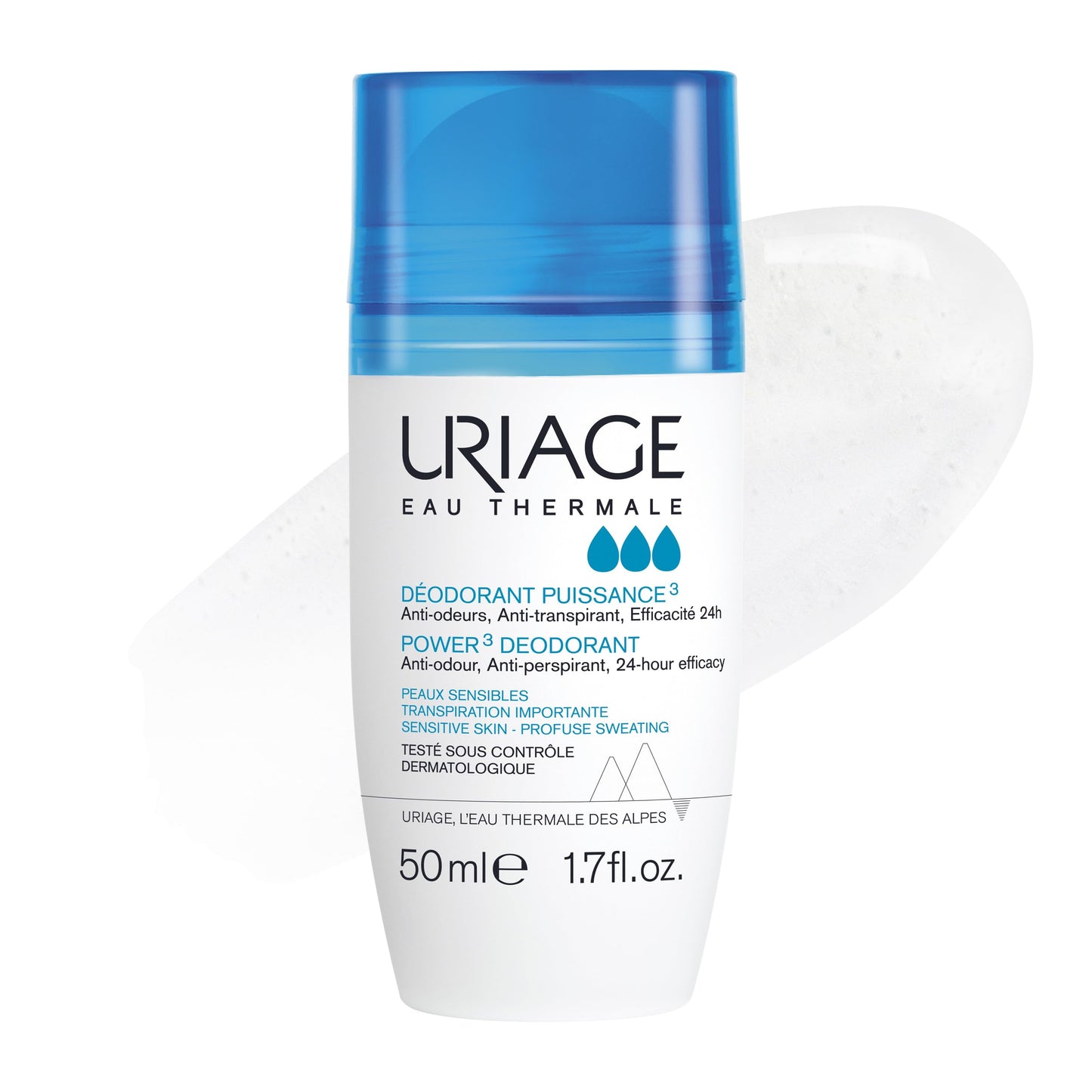 Uriage Power 3 Deodorant - Anti-Odors, Anti-Perspirant - 24H Efficacy Deodorant for Profuse Sweating - Fresh Fragrance, Unisex -Dry touch Roll-On - No White Marks, No Yellow Stains -Alcohol Free