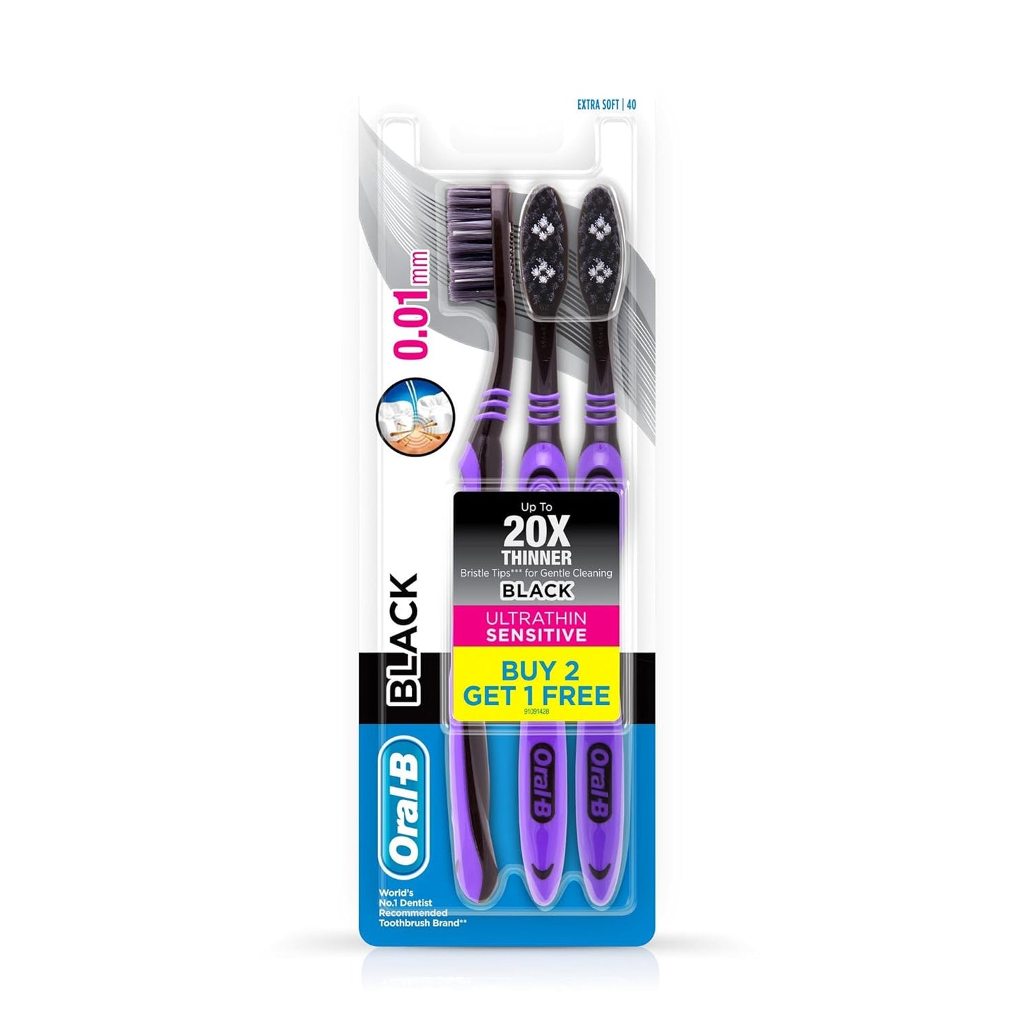 Oral-B Ultrathin Sensitive Black Manual Toothbrush Extra Soft – Pack of 3 – Packaging May Vary – Multi-Colored