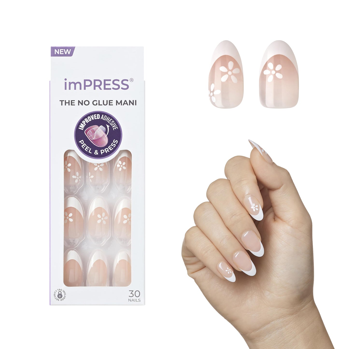 KISS imPRESS No Glue Mani Press On Nails, French, 'Fearless', Light Neutral + White Tip French, Medium, Almond Shape, Includes 30 Nails, Prep Pad, Instructions Sheet, 1 Manicure Stick, 1 Mini File