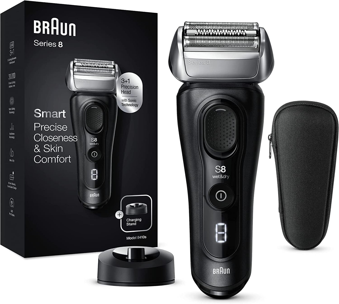 Braun Series 8 8410s Wet & Dry Shaver With Charging Stand and Travel Case, Black