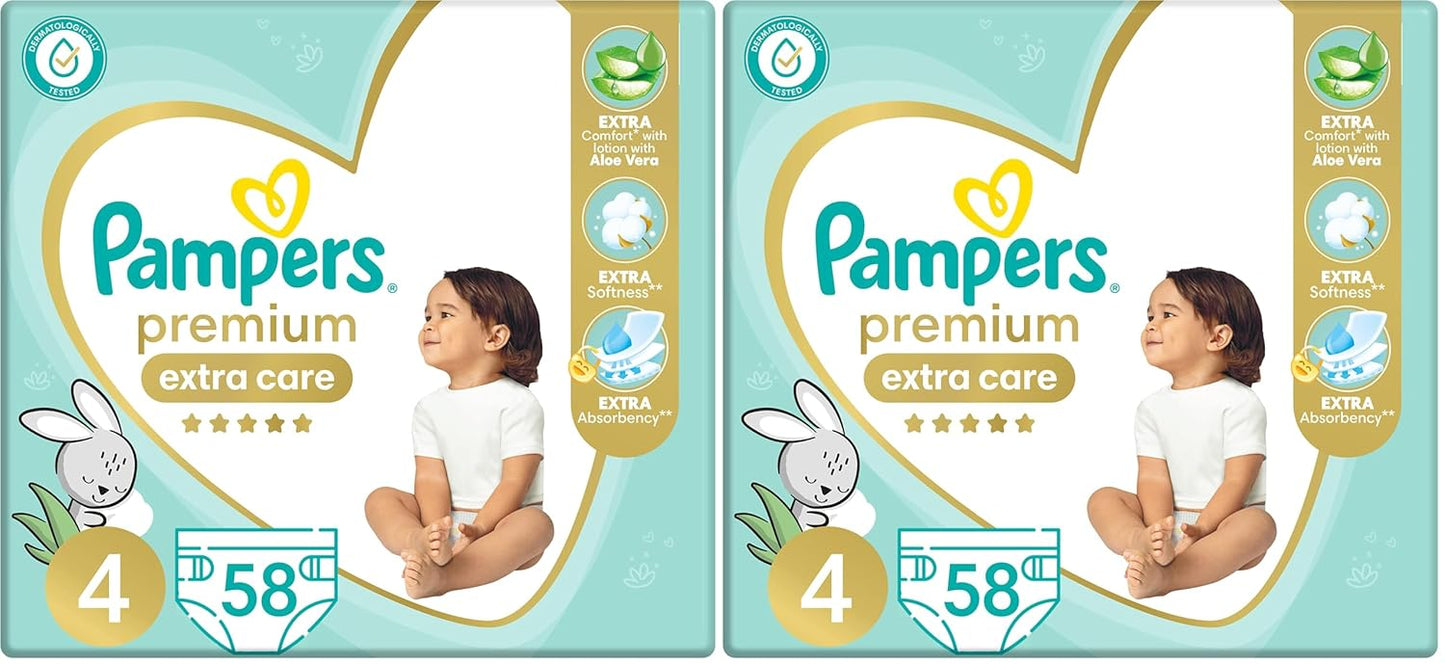 Pampers Premium EXTRA CARE Taped Diapers, Size 4, 9-18 kg, with Lotion with Aloe Vera, 58 Baby Diapers (Pack of 2)