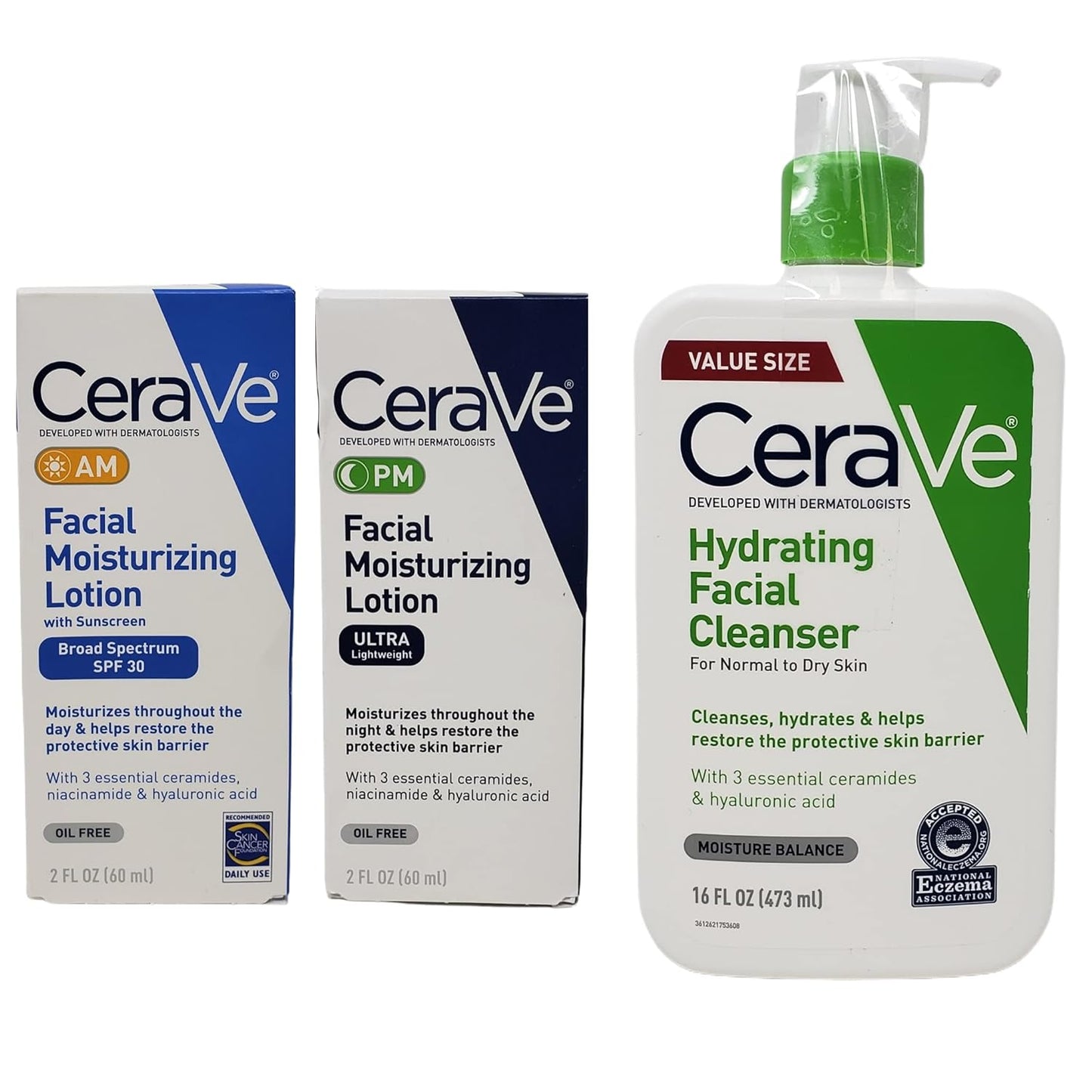 CeraVe Daily Skincare Facial Bundle - Hydrating Facial Cleanser (16 oz), AM Facial Moisturizing Lotion with Sunscreen (2 oz), and PM Moisturizing Lotion (2 oz)