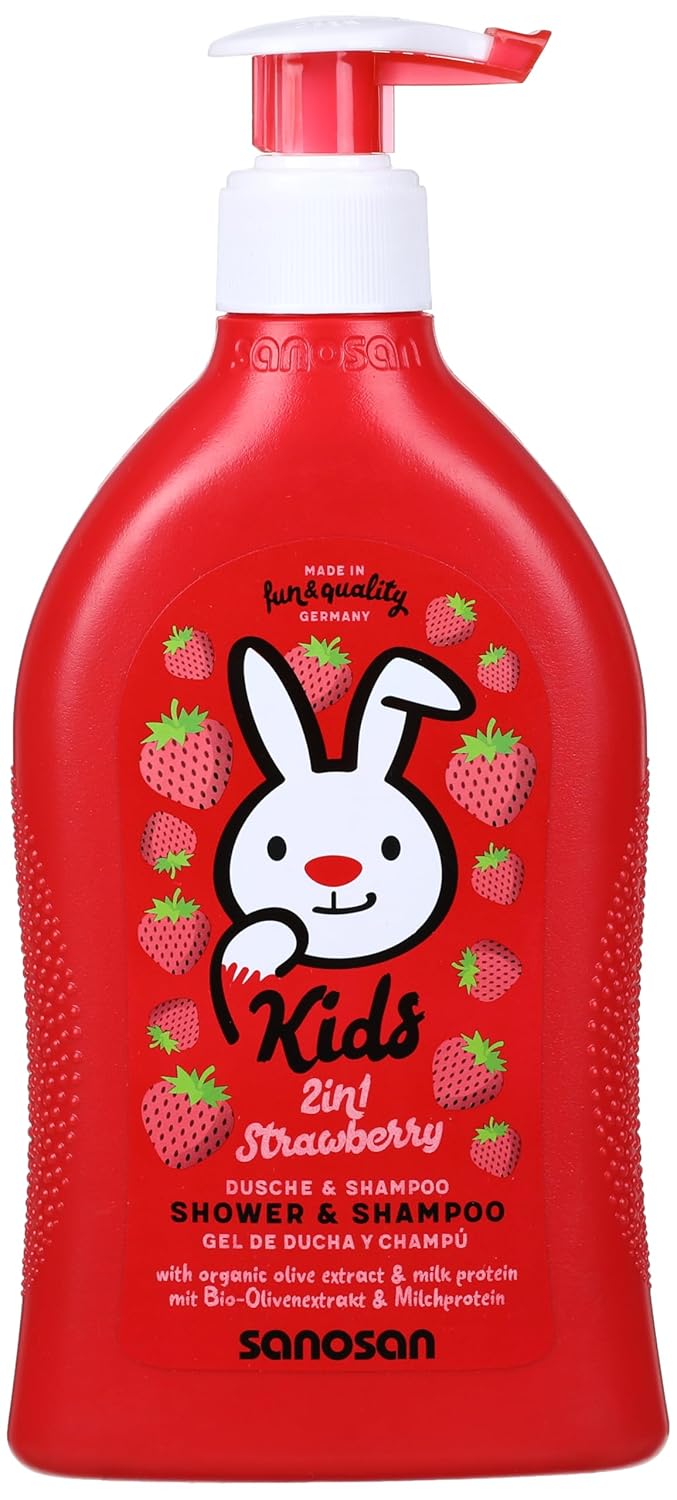 Sanosan 2-in-1 Shower & Shampoo Strawberry for Children & Baby, 400 ml, Shower Gel & Hair Shampoo with Organic Olive Extract & Milk Protein, Hair Care, Skin Care, Shower Gel, Hair Shampoo