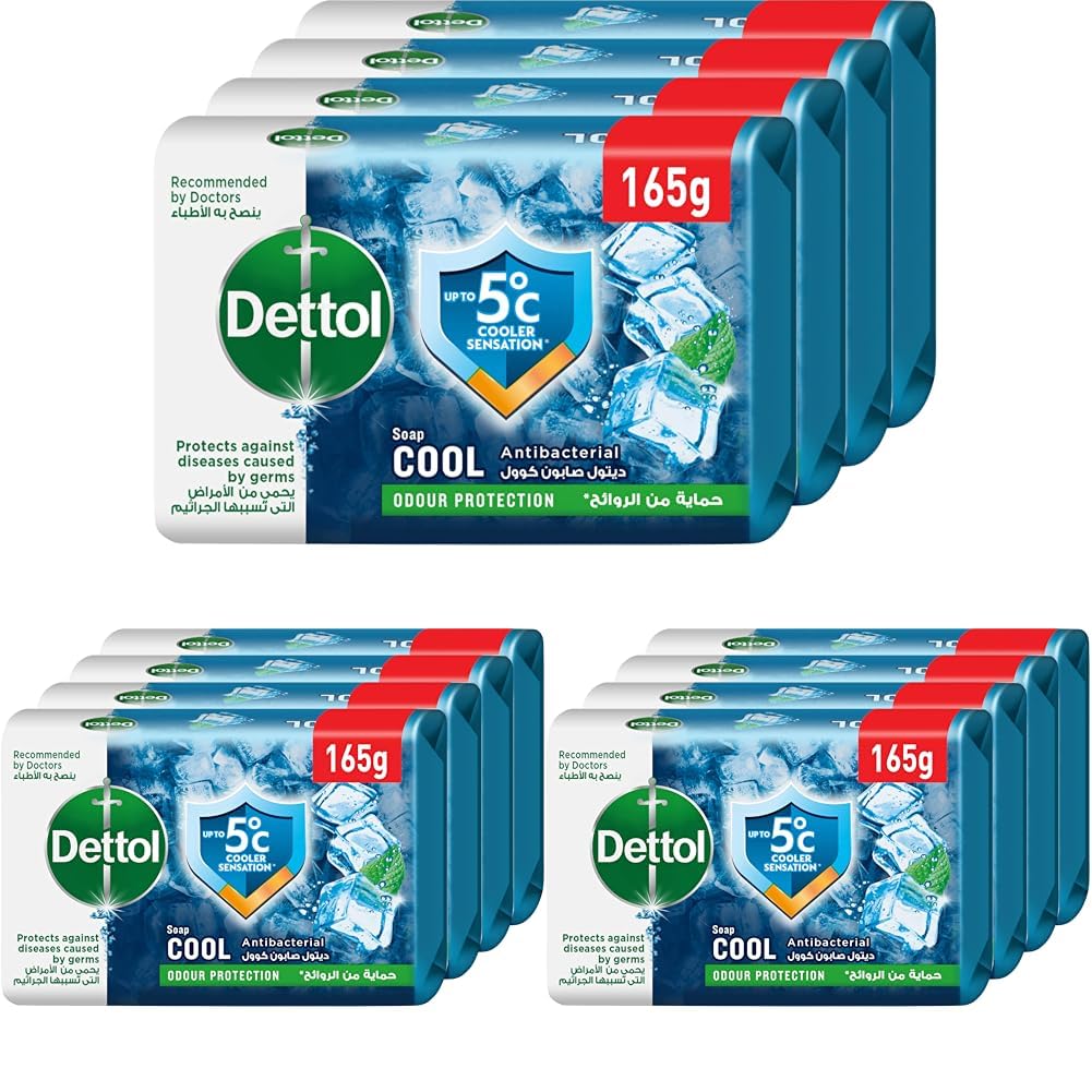 Dettol cool anti-bacterial bathing soap bar for effective germ protection, personal hygiene & odour protection, mint & bergamot fragrance, 4 pieces 165g @20% (Pack of 3)