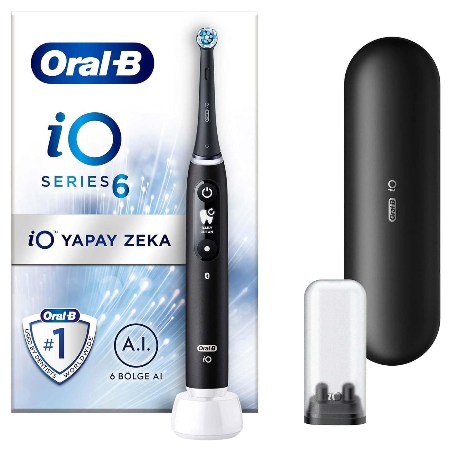 Oral-B iO Series 6 Electric Toothbrush, 2 Replacement Brushes, 5 Cleaning Modes for Dental Care, Magnetic Technology, Display & Travel Case, Gift for Men and Women, Designed by Braun, Black Lava