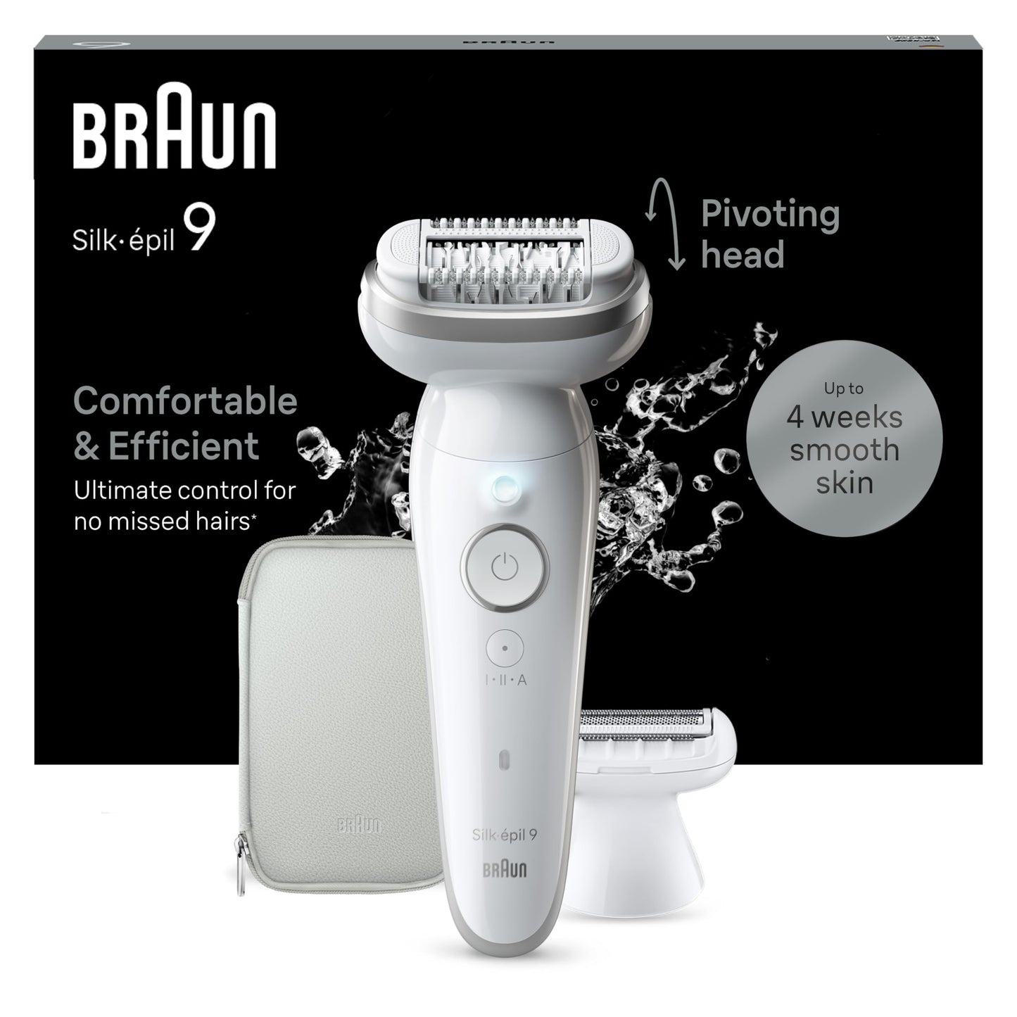 Braun Silk-épil 9 Women's Epilator/Hair Remover for Long-Lasting Hair Removal, Shaving Attachment, Trimmer Attachment, 9-041, White/Silver